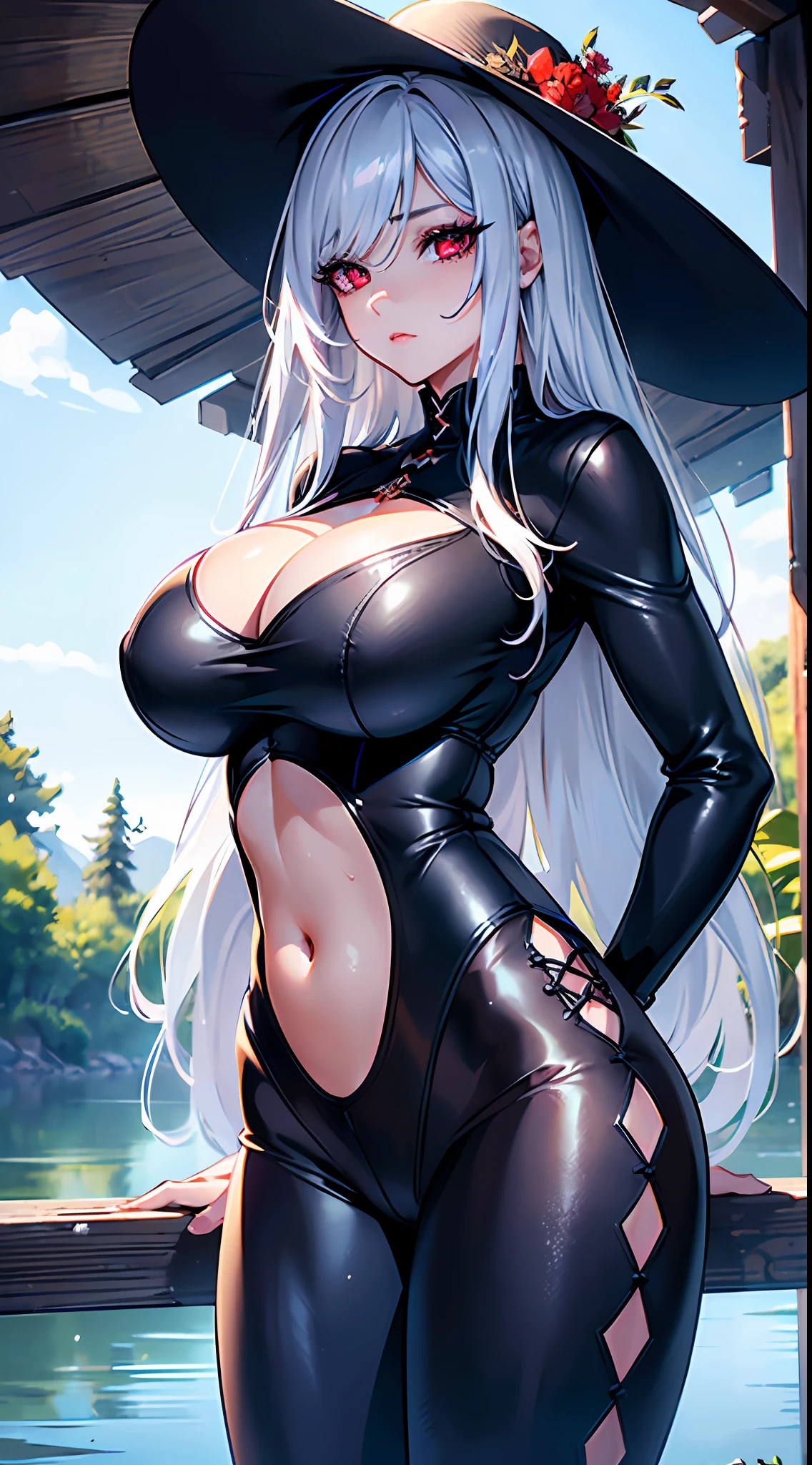 (best quality), best illustration, intricate details, ultra detailed, (2D), hair between eyes, splendid illustration, extremely detailed, (sketch), 1girl, (bishoujo), ((beautiful detailed face)), (pretty_face+round_face), ((beautiful detailed eyes)), (red eyes), transparent eyes, ((gigantic breasts)), (bishoujo:1.3), (perfect face), (solo), extremely Detailed CG, (extremely beautiful), best quality, high quality, dynamic angle, (masterpiece:1.2), (eyelashes:1.2), (dark eyelashes:1.1), (eyeliner:1.2), (deep red eyes:1.2), (big eyes:1.2), narrow waist, (bright skin), (ultra-detailed), illustation, bangs, (detailed shading), sweaty, looking at viewer, messy hair, silver hair, long hair,hyper realistic, ultra realistic, masterpiece, best qualit, ultra detailed, Excellent, High Resolution, Solo, looking at viewer, hyper-detailed, realistic pupils, delicate facial features, high resolution, beautful face+round face, big eyes, deep eyes, ultra-realistic 8k CG, black hair, very long hair, messi hair, red eyelene, red eyes, red lips, large breast:1.6, (huge breasts:1.4), lustrous skin+bright skin, (witcher:1.4, witcher hat), ((very tight clothes)), (tight clothes), ((transparent and revealing clothes)), erotic, crop top, sideboob, (cleavage) narrow waist, huge ass, thick thighs, outside, detailed florest beckground, lake, water_reflection:1.14, body wet:1.4