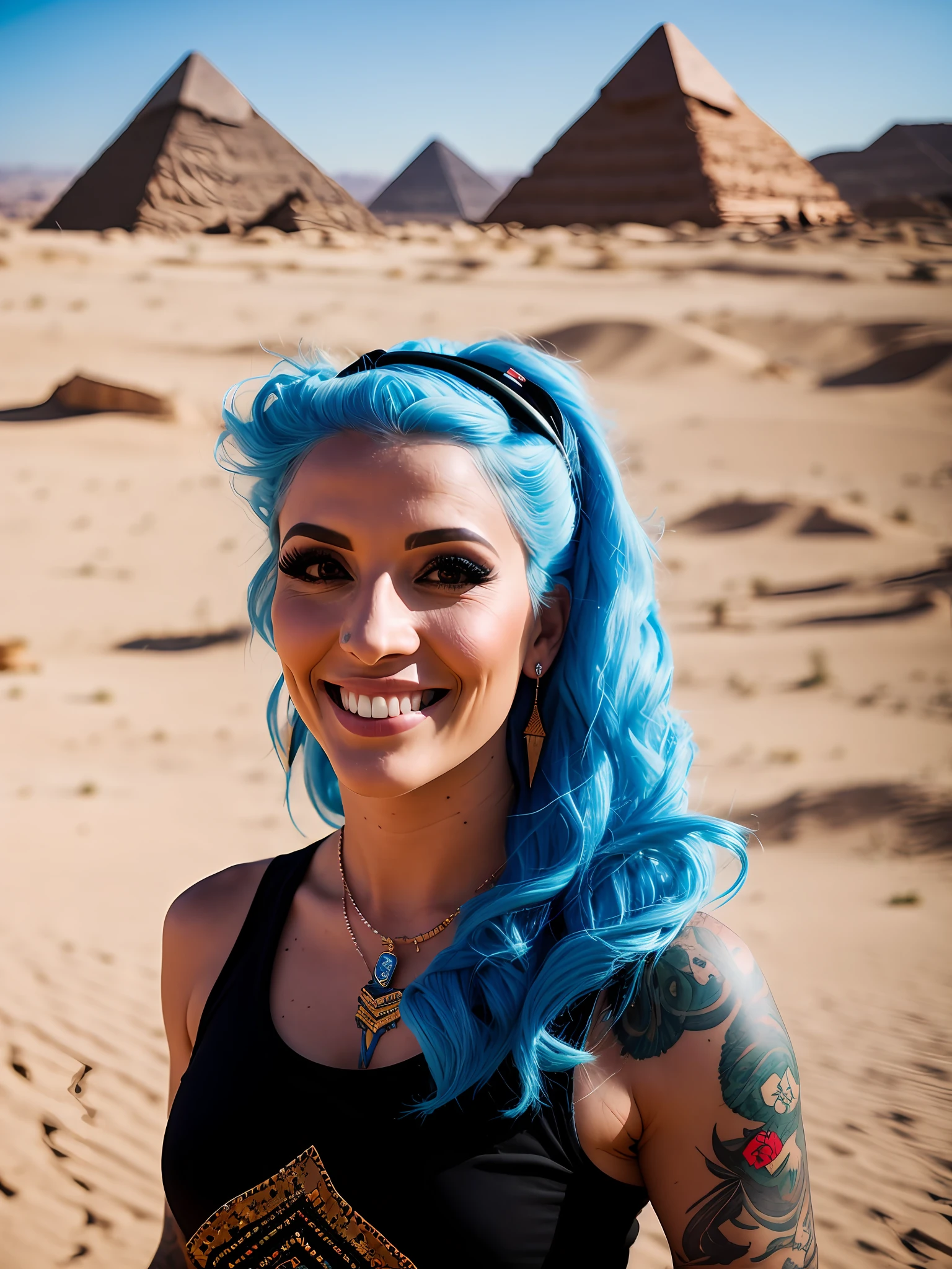 Pokket, filmed on DSLR, focusing on the rest of it 8K, detailed face, blue hair, 25-year-old woman, is in desert pyramid in bokeh background, Gopro camera, wearing Arabic clothes, black tattoos, smiling