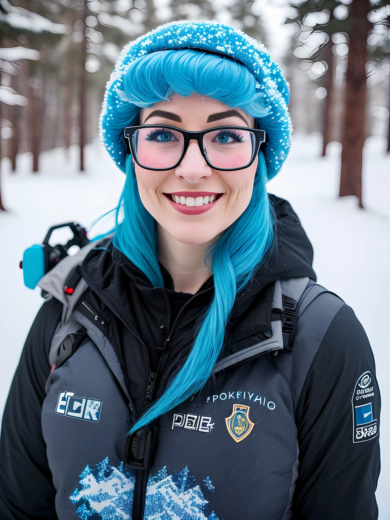 Pokket, filmed on DSLR, focusing on the rest of it 8K, detailed face, blue hair, 25-year-old woman, is in the mountains with snow bokeh, Gopro camera, wearing snow clothes, reflective glasses on the head, black tattoos, smiling