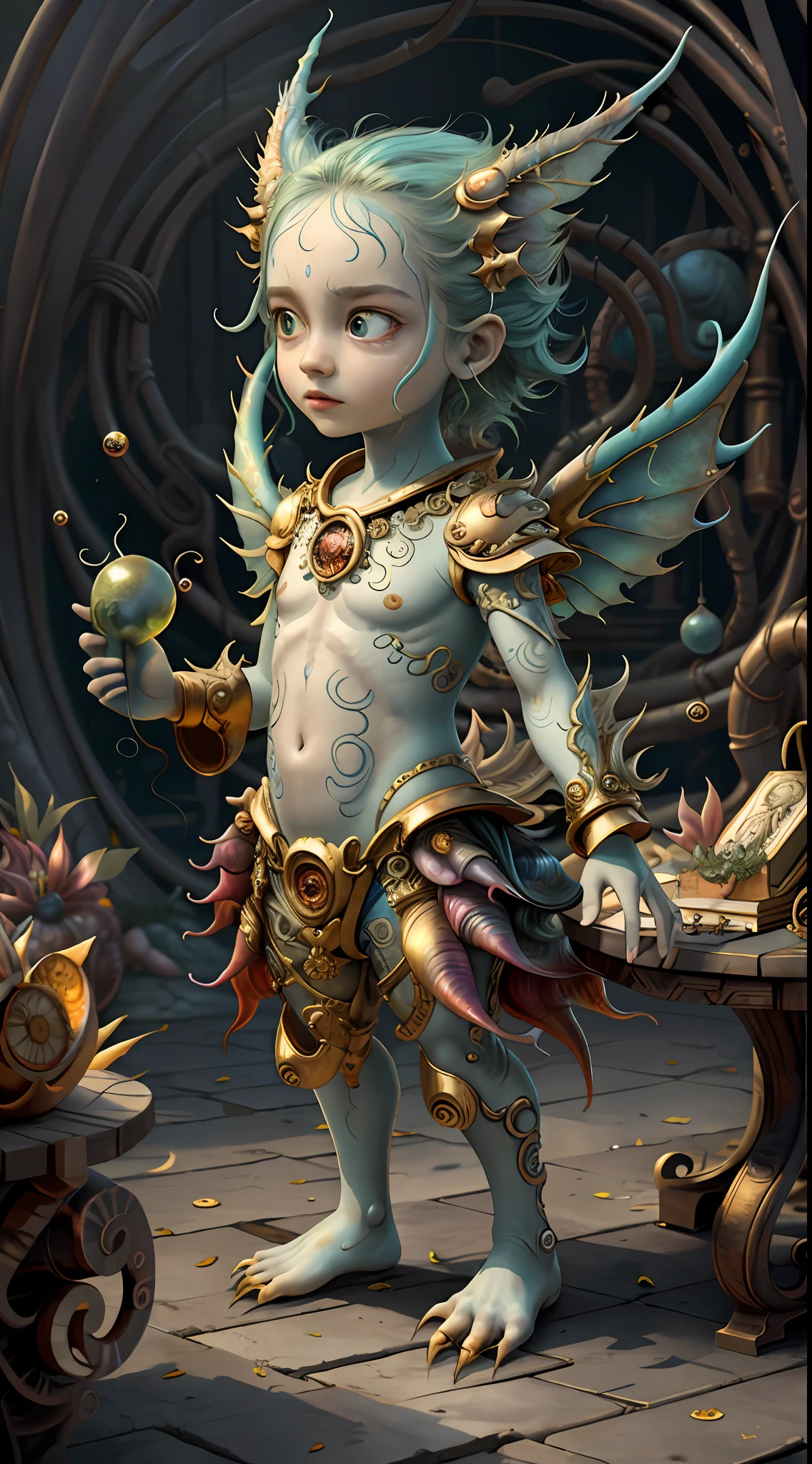 (best quality: 1.4), (masterpiece: 1.2), detailed, complex, high resolution, iridescent colors, A charming and fascinating creature with otherworldly forms that blend the best aspects of the monster human form and the innocent charm of a precocious , scales, wings, blue, texture, complex, gorgeous, 3D, highly detailed, decorative style, Tim Burton, Dale Chihuly, Bruce Zheng, Cyril Rolando, H. R. Giger $plastic$ Grid: Real Lenoid afremov style, wet, fire