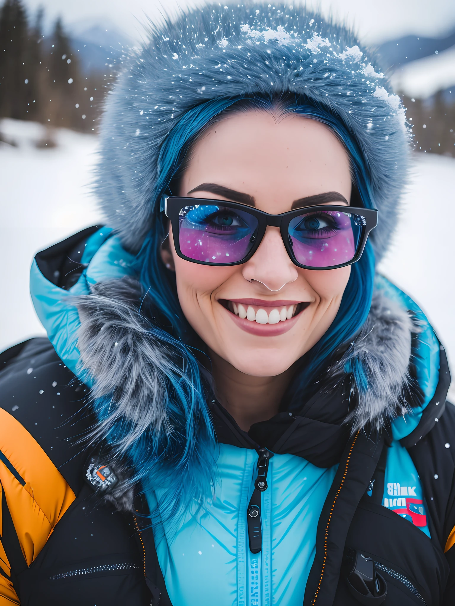 Pokket, filmed on DSLR, focusing on the rest of it 8K, detailed face, blue hair, 25-year-old woman, is in the mountains with snow bokeh, Gopro camera, wearing snow clothes, reflective glasses on the head, black tattoos, smiling