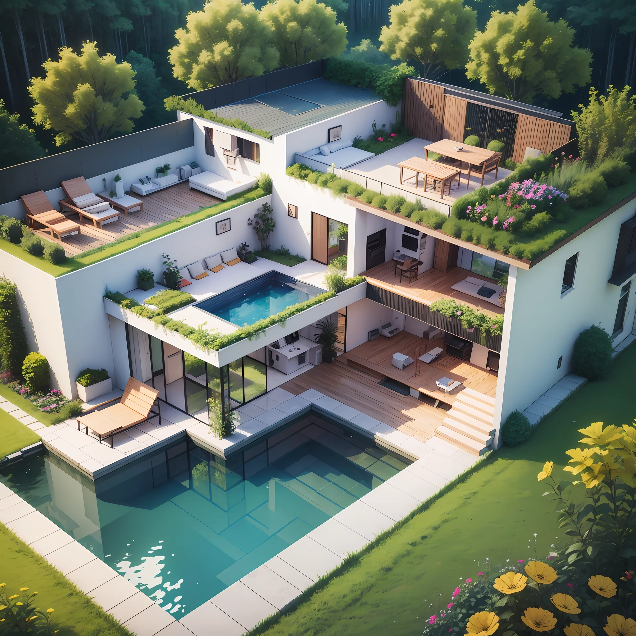 Electronic model, house, forest, flowers, pool, 4k --auto --s2