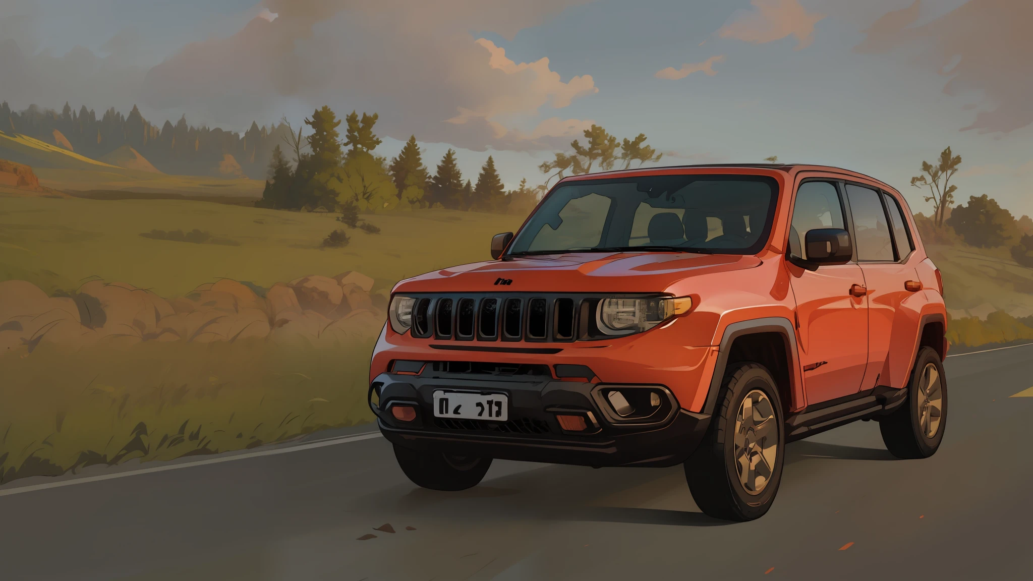 jeep jeep is driving down the road with a cloudy sky in the background, cinematic front shot, a wide full shot, jeep, vibrant and powerful, manual, scenic full shot, video, by Emma Andijewska, ultra wide-shot, footage, 🤬 🤮 💕 🎀, cinematic full shot, by Joe de Mers, cinematic still, shot at golden hour