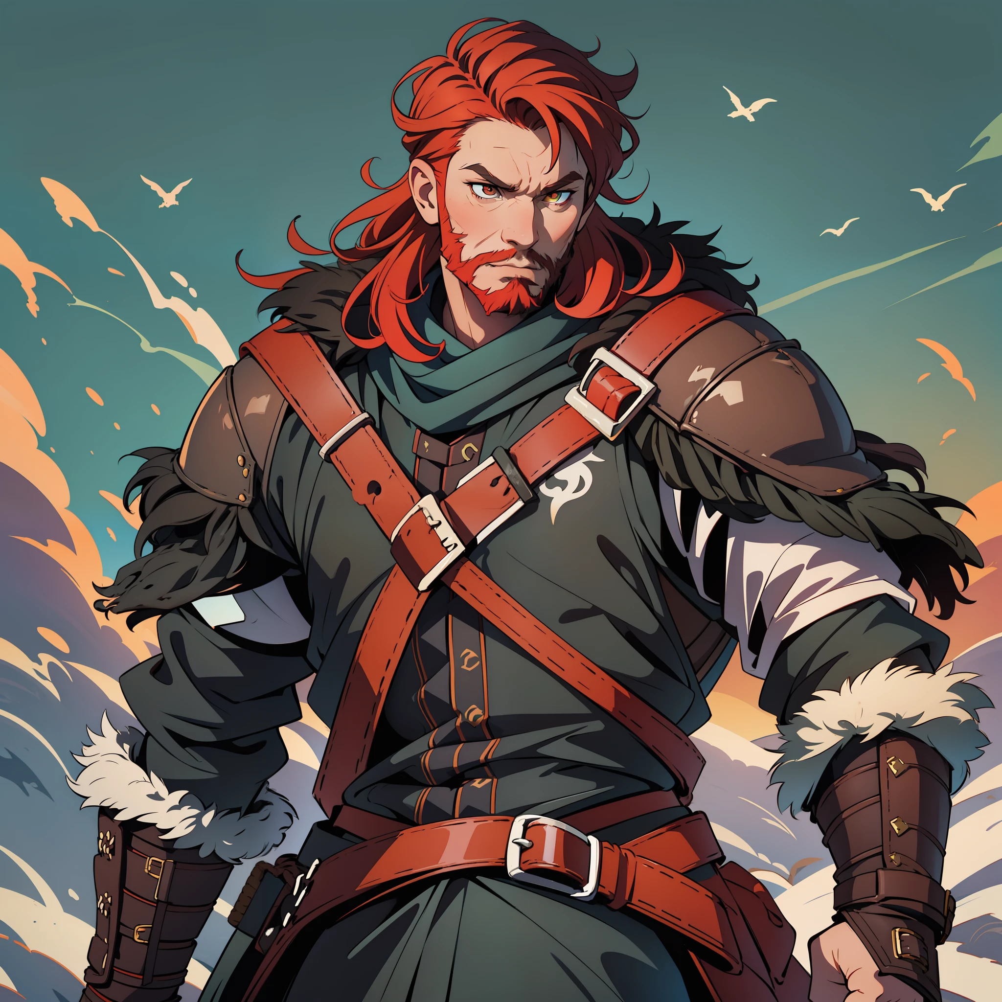 A barbarian wild warrior young man with thick square chin beard and well-marked masculine details, manly masculinity, red hair, medieval hunter's clothes, hunter's clothes, clothes with animal fur, animal skin clothes, look of fury, dark tones, black clothes, dark style, dark, game of thrones style