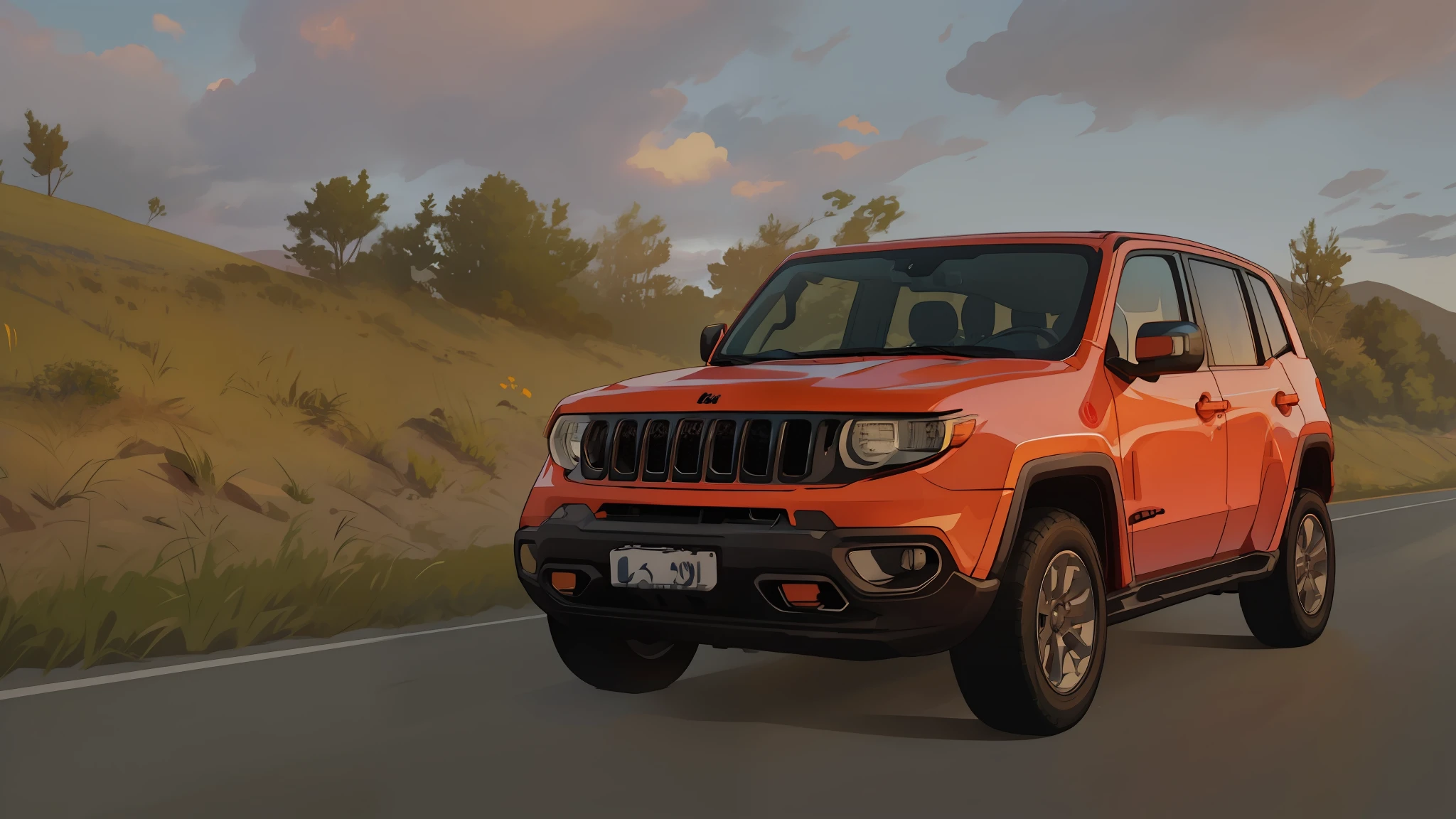 jeep jeep is driving down the road with a cloudy sky in the background, cinematic front shot, a wide full shot, jeep, vibrant and powerful, manual, scenic full shot, video, by Emma Andijewska, ultra wide-shot, footage, 🤬 🤮 💕 🎀, cinematic full shot, by Joe de Mers, cinematic still, shot at golden hour