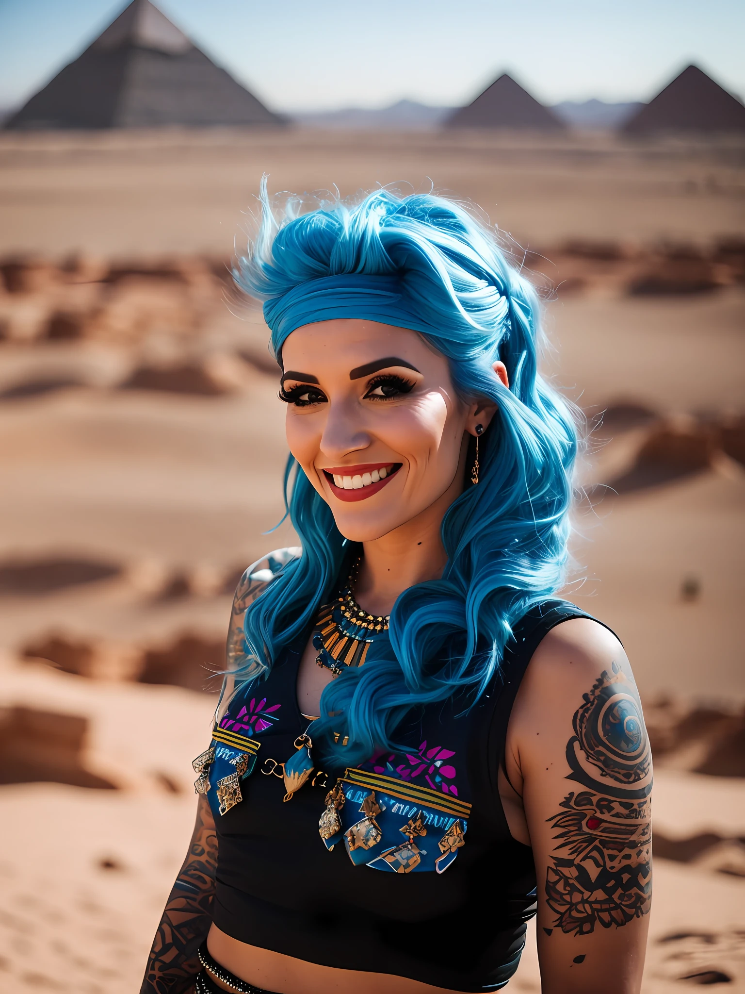 Pokket, filmed on DSLR, focusing on the rest of it 8K, detailed face, blue hair, 25-year-old woman, is in desert pyramid in bokeh background, Gopro camera, wearing Arabic clothes, black tattoos, smiling