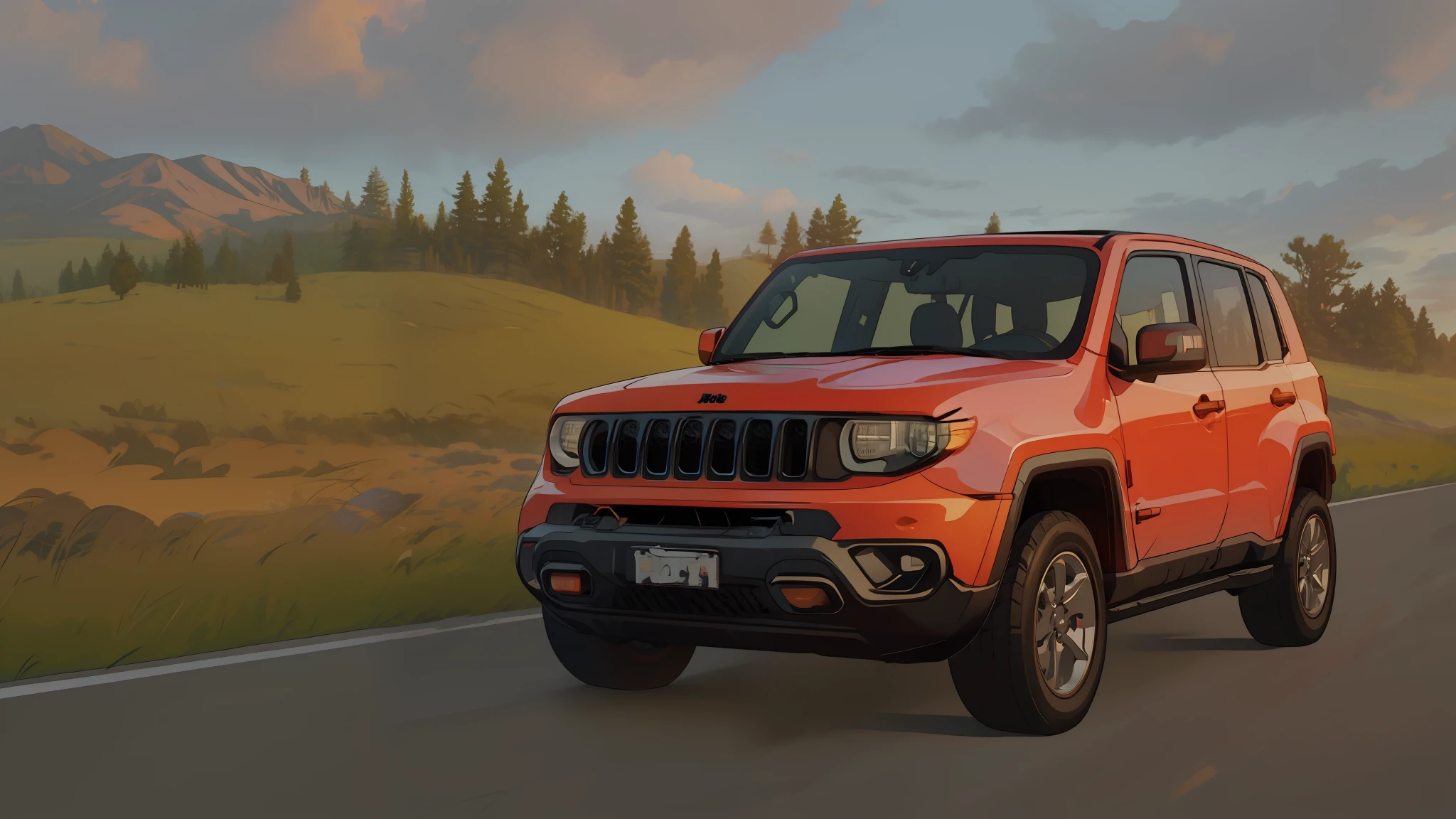 jeep jeep is driving down the road with a cloudy sky in the background, cinematic front shot, a wide full shot, jeep, vibrant and powerful, manual, scenic full shot, video, by Emma Andijewska, ultra wide-shot, footage, 🤬 🤮 💕 🎀, cinematic full shot, by Joe de Mers, cinematic still, shot at golden hour