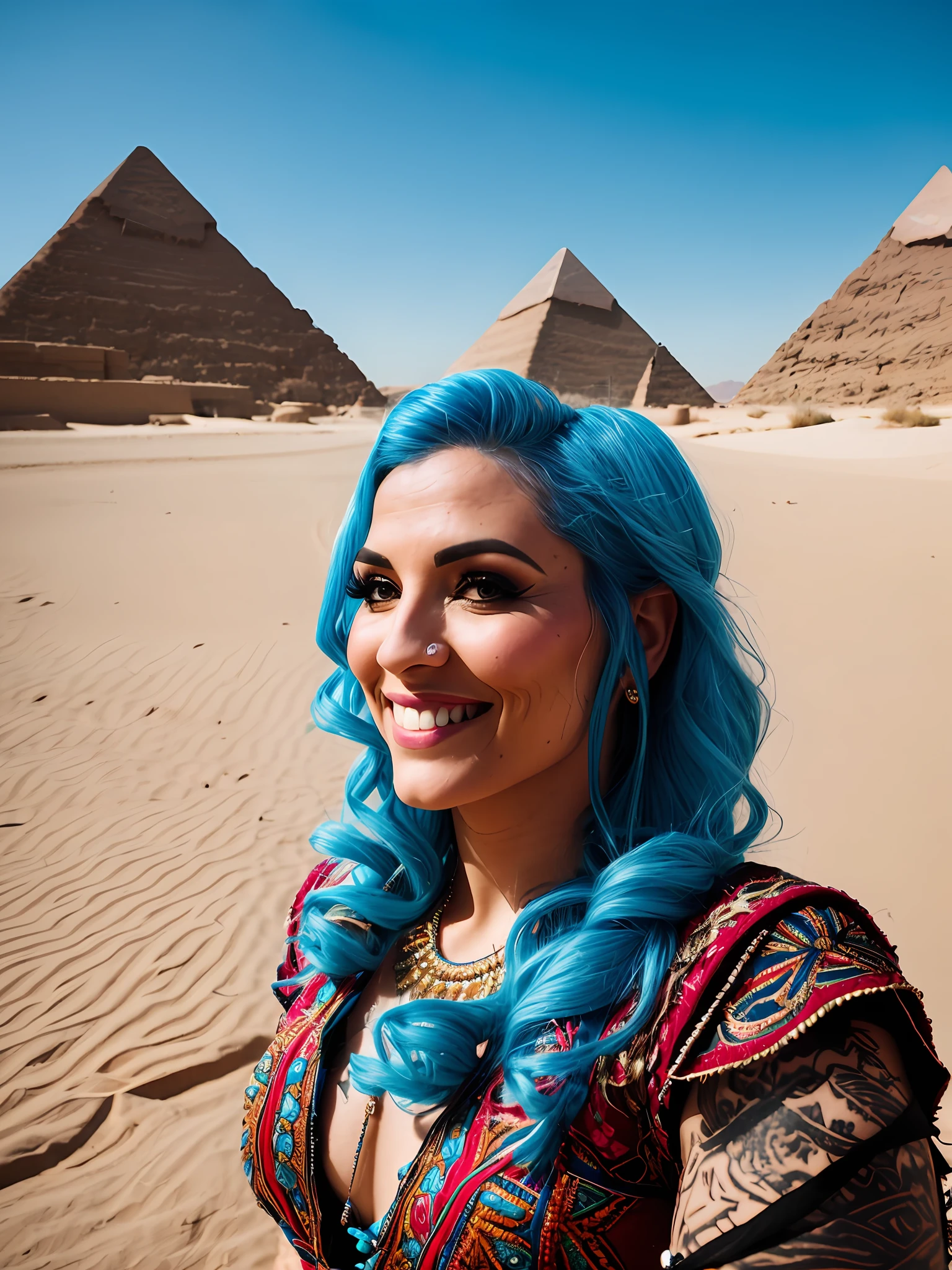 Pokket, filmed on DSLR, focusing on the rest of it 8K, detailed face, blue hair, 25-year-old woman, is in desert pyramid in bokeh background, Gopro camera, wearing Arabic clothes, black tattoos, smiling