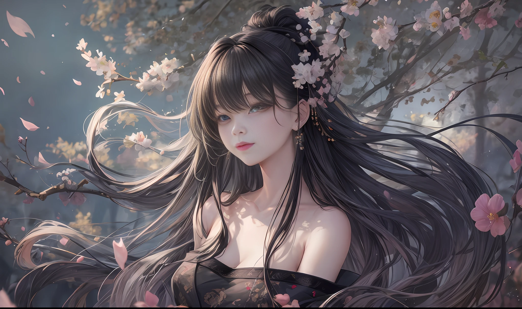 portrait of a girl, (face:1.2), Floating hair, wind, clouds, sunshine, movie light, bangs, face close-up, sky background, oil painting texture, clear hair, light hair, flowers, girls, smiles, bright eyes, single line shoulder, collarbone, shirt, autumn, bare shoulder, bare tree, black hair, branch, cherry blossom, cleavage,coat, (robe:1.21), collarbone, earrings, gray background, hair accessories, Hanfu, Holding a pipe, jewelry, lips, long hair, medium breasts, sitting, solo, tassel, tree, wide sleeves, see through clothes, translucent clothes, silk, Shuke walking horse, negative space, ink painting, standing woman portrait, Willow Branch, (Masterpiece best quality :1.2), traditional Chinese ink painting, model shooting style, peace, looking at the audience, wearing long Hanfu, Song, Willow as background, Ochangshuo, shirt, nsfw whole body, head to toe, natural body, girly feeling, flying hair