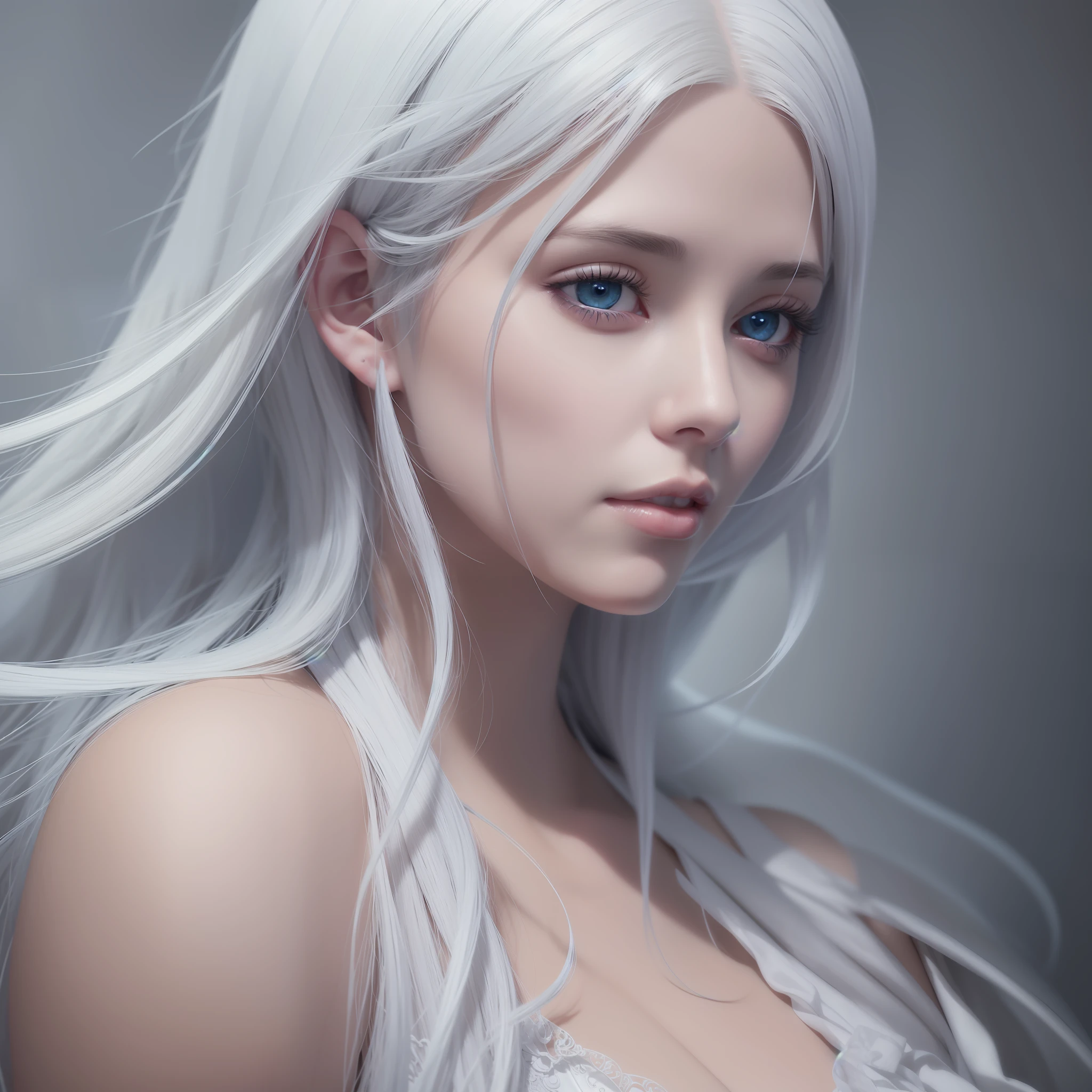 there is a woman with white hair and blue eyes posing for a picture, perfect white haired girl, girl with white hair, digital fantasy portrait, gorgeous digital painting, white haired lady, photorealistic anime girl render, beautiful anime portrait, realistic digital illustration, closeup character portrait, silver hair girl, beautiful digital illustration, stunning digital painting, beautiful digital artwork, stunning digital illustration --auto --s2