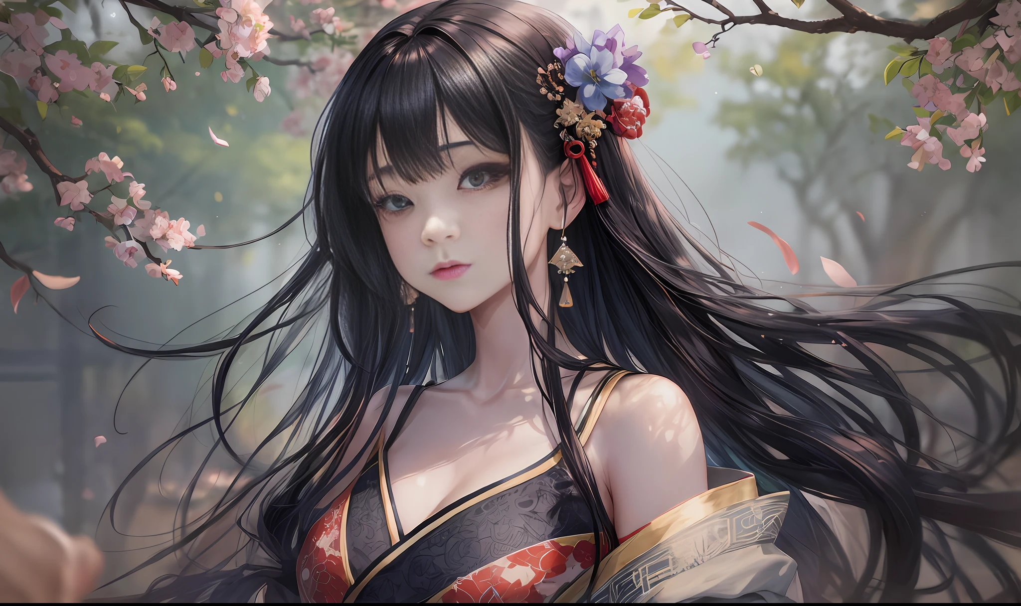 portrait of a girl, (face:1.2), Floating hair, wind, clouds, sunshine, movie light, bangs, face close-up, sky background, oil painting texture, clear hair, light hair, flowers, girls, smiles, bright eyes, single line shoulder, collarbone, shirt, autumn, bare shoulder, bare tree, black hair, branch, cherry blossom, cleavage,coat, (robe:1.21), collarbone, earrings, gray background, hair accessories, Hanfu, Holding a pipe, jewelry, lips, long hair, medium breasts, sitting, solo, tassel, tree, wide sleeves, see through clothes, translucent clothes, silk, Shuke walking horse, negative space, ink painting, standing woman portrait, Willow Branch, (Masterpiece best quality :1.2), traditional Chinese ink painting, model shooting style, peace, looking at the audience, wearing long Hanfu, Song, Willow as background, Ochangshuo, shirt, nsfw whole body, head to toe, natural body, girly feeling, flying hair