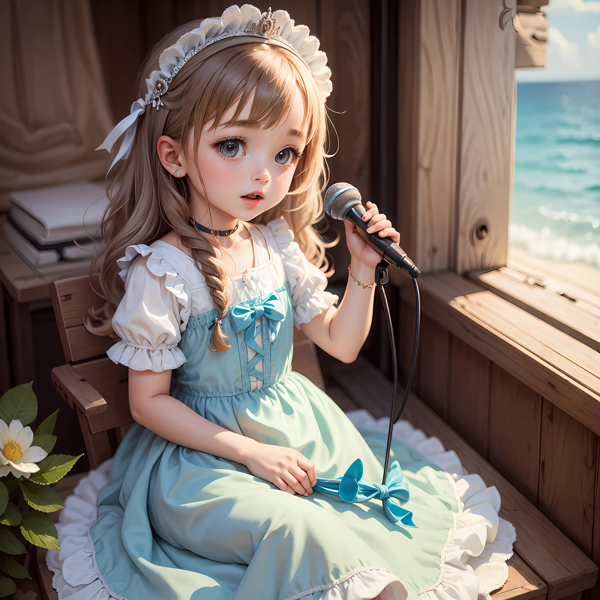 Wearing a gorgeous and noble dress, the cute little girl sings by the sea with a microphone