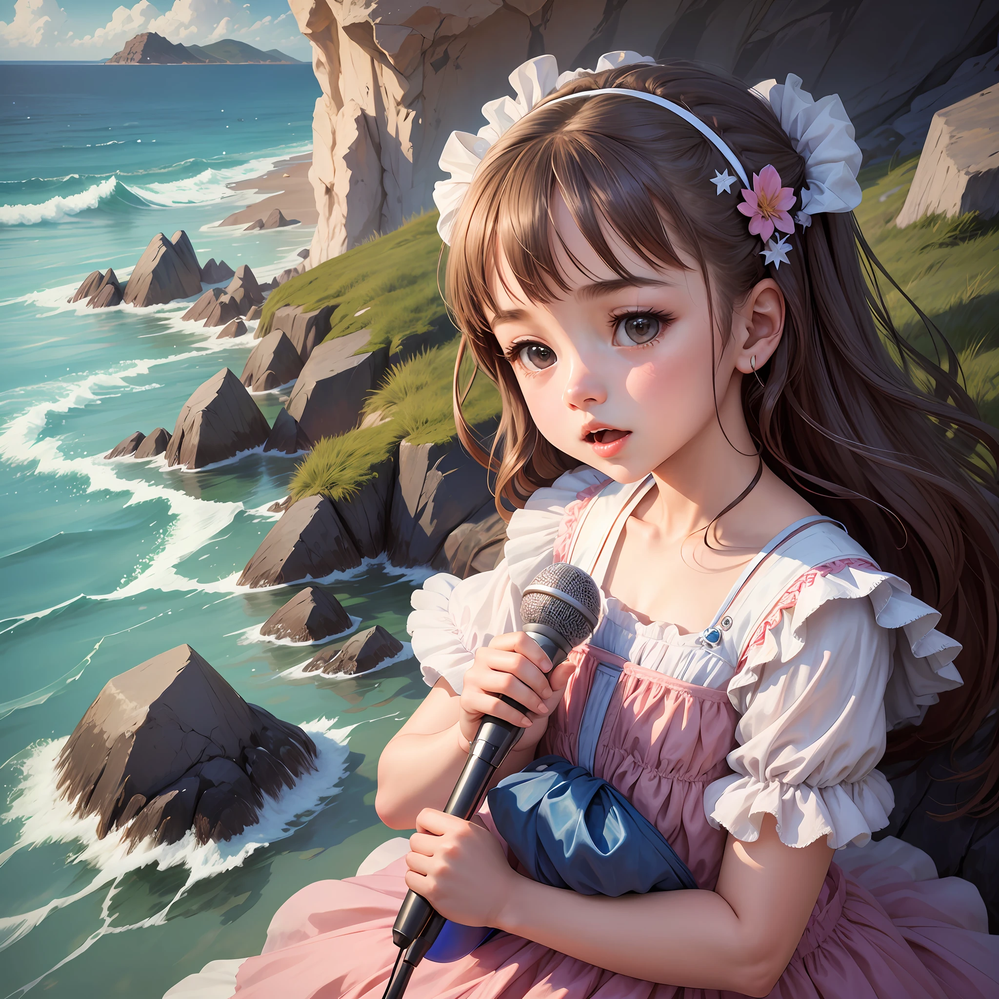 Wearing a gorgeous and noble dress, the cute sings by the sea with a microphone