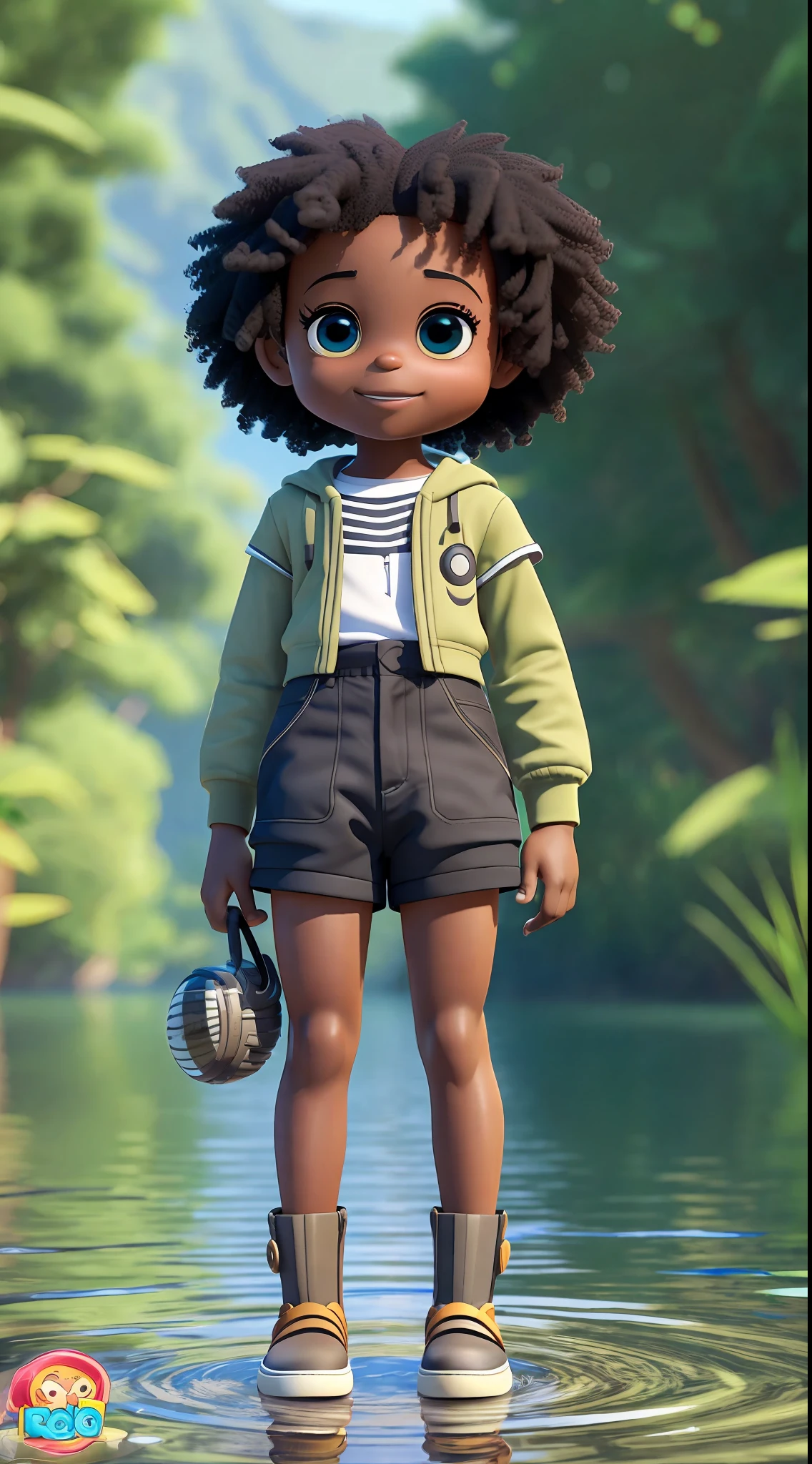 3D chibi a happy cartoon character standing in front of the lake, black boy, ((big fish eyes)), kind eyes, funny movie art, clean shot, ghailan!, like a pixar character, cute child, afro military, ((full body))), grace and blessing, rendered in unreal, promotional image of the movie, rendered luxury image - --ar 2:3 --auto --s2