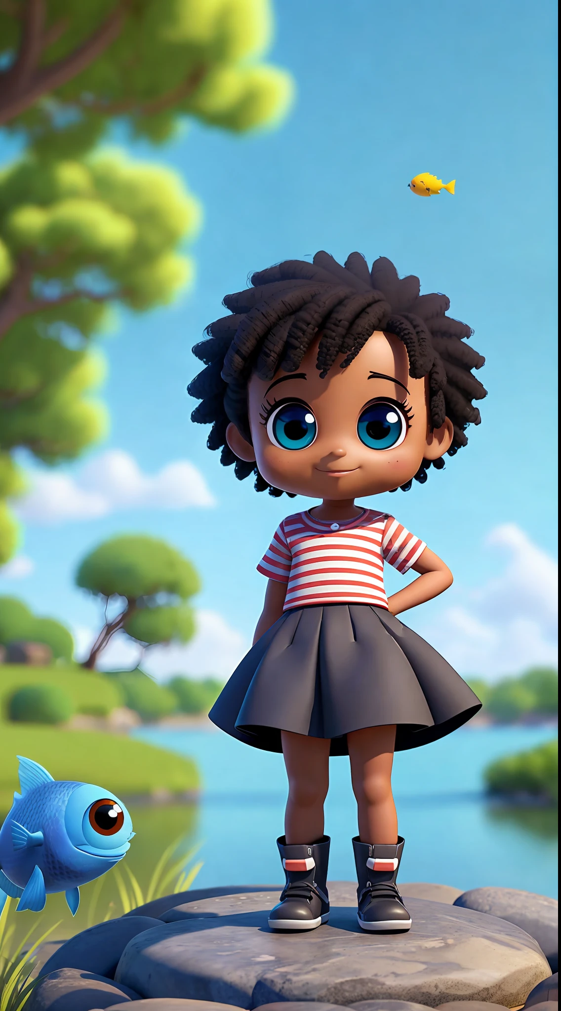 3D chibi a happy cartoon character standing in front of the lake, black boy, ((big fish eyes)), kind eyes, funny movie art, clean shot, ghailan!, like a pixar character, cute child, afro military, ((full body))), grace and blessing, rendered in unreal, promotional image of the movie, rendered luxury image - --ar 2:3 --auto --s2