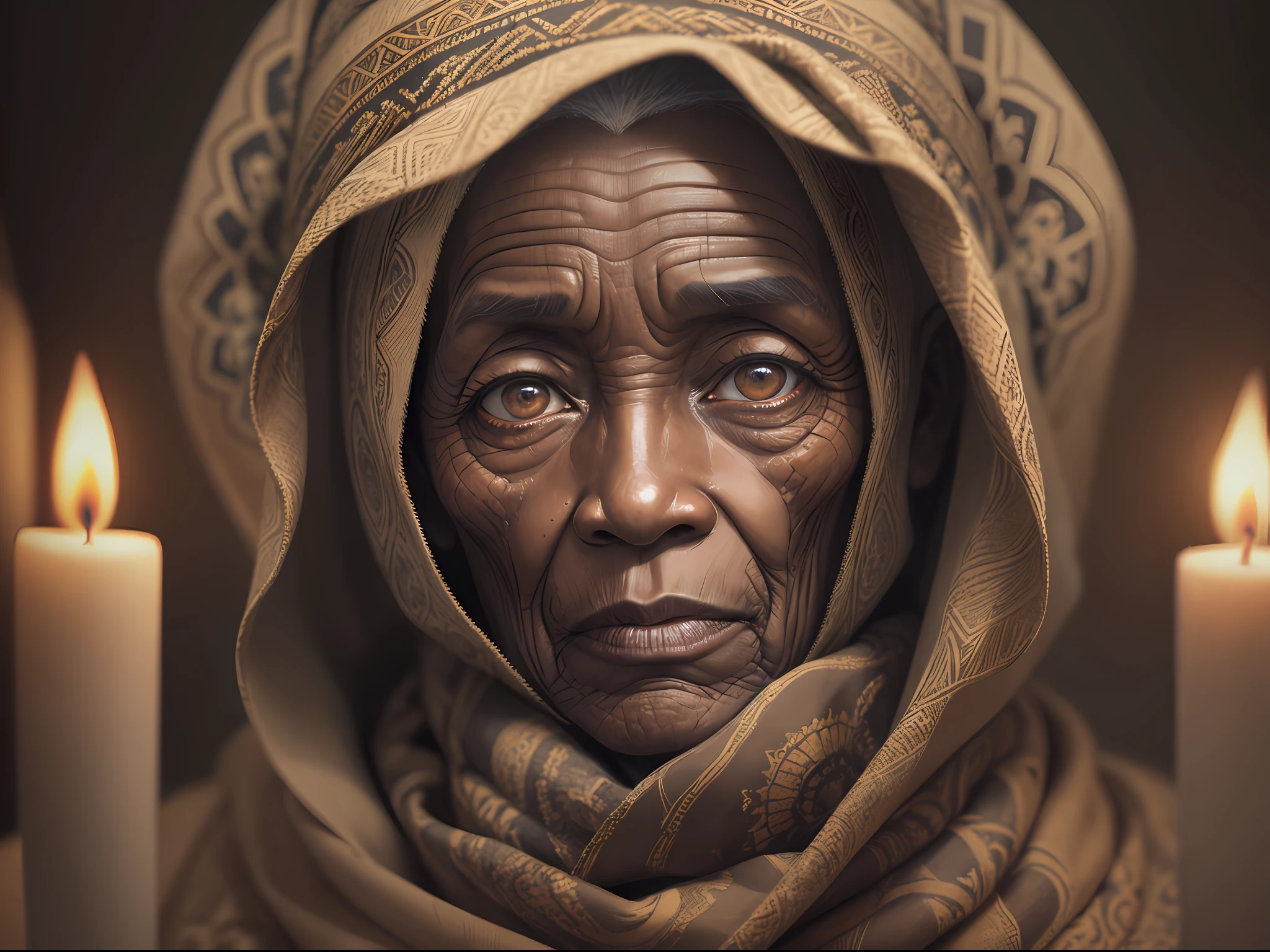 Intricate portrait of a very old African woman with wrinkles, illuminated by warm litted candles, with a backdrop of eerie dungeion . stunning interpretive visual, maximalist scarf and veil. f1.0lens, tilt-shift, shalllow DOF. dramatic lighting. chiaroscuro, --auto --s2