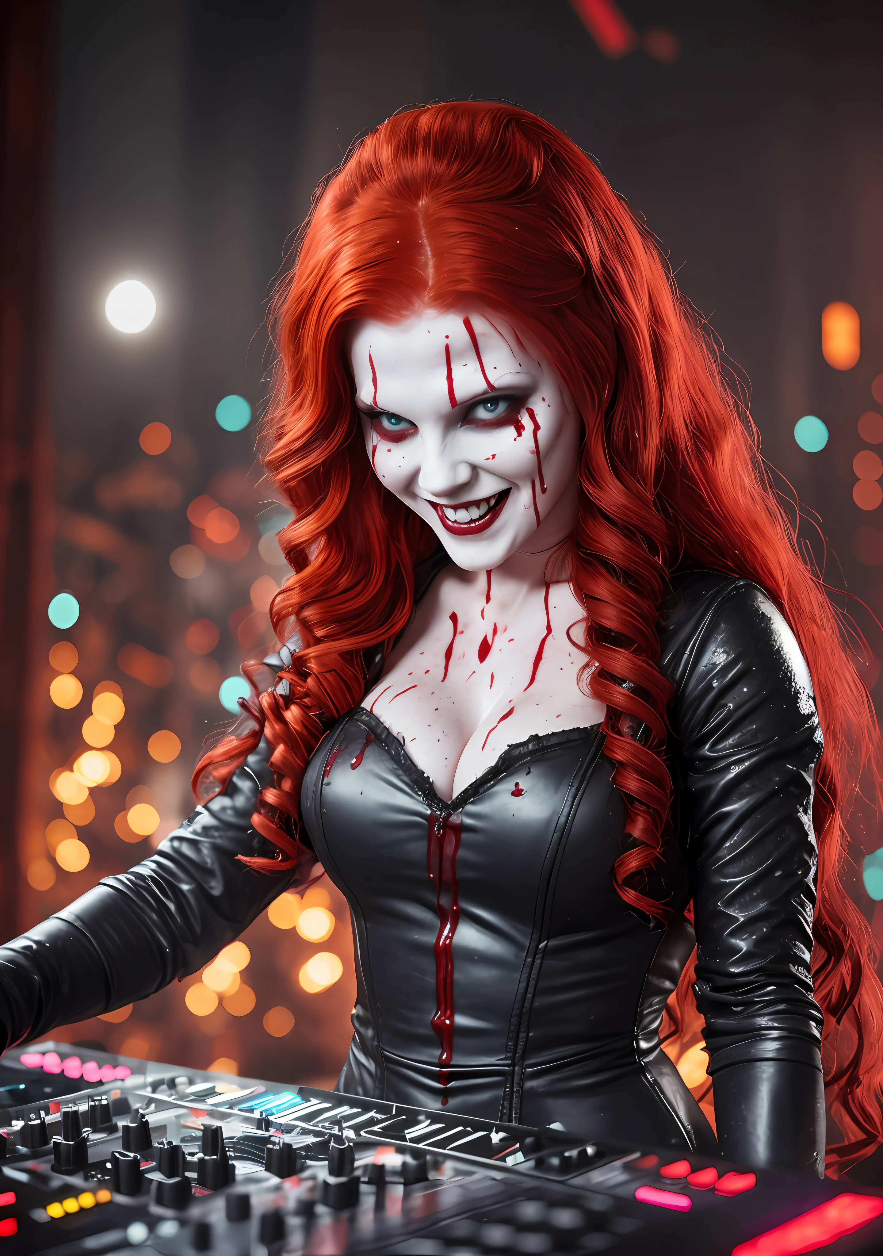 Photo of redhead DJ nun woman with blood dripping down her face, detailed skin texture, wavy hair, fangs, bokeh background, at night, 1girl, grin, horror theme, maniacal smile, predatory eyes, ultra realistic, Tim Burton style, she is in a rave inside a church, vampires in the background.