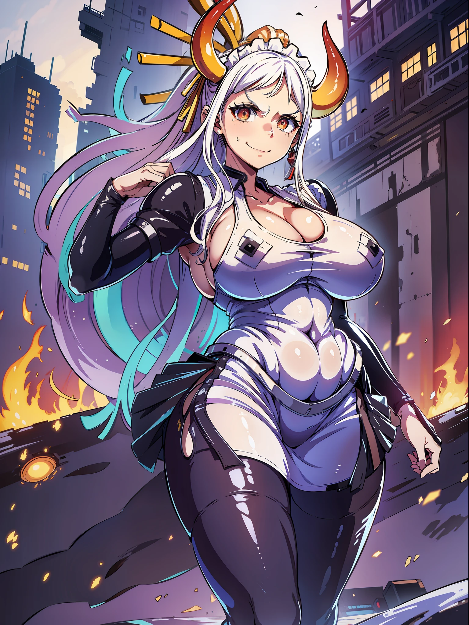 (whole body/vertical/standing view:1.5). (({yamato})), ((in a futuristic city completely destroyed with flames coming out of the destroyed buildings)). {yamato}:wearing (((maid clothes/black skirt+white:1.5))), (((extremely tight clothing:1.5))), ((looking at the viewer, wide smile)), (extremely large breasts:2), ((doing/sensual poses:1.5)) ((holding a long black rifle)). Hyper-realism, anime, 16k, UHD, masterpiece, best quality, high details.