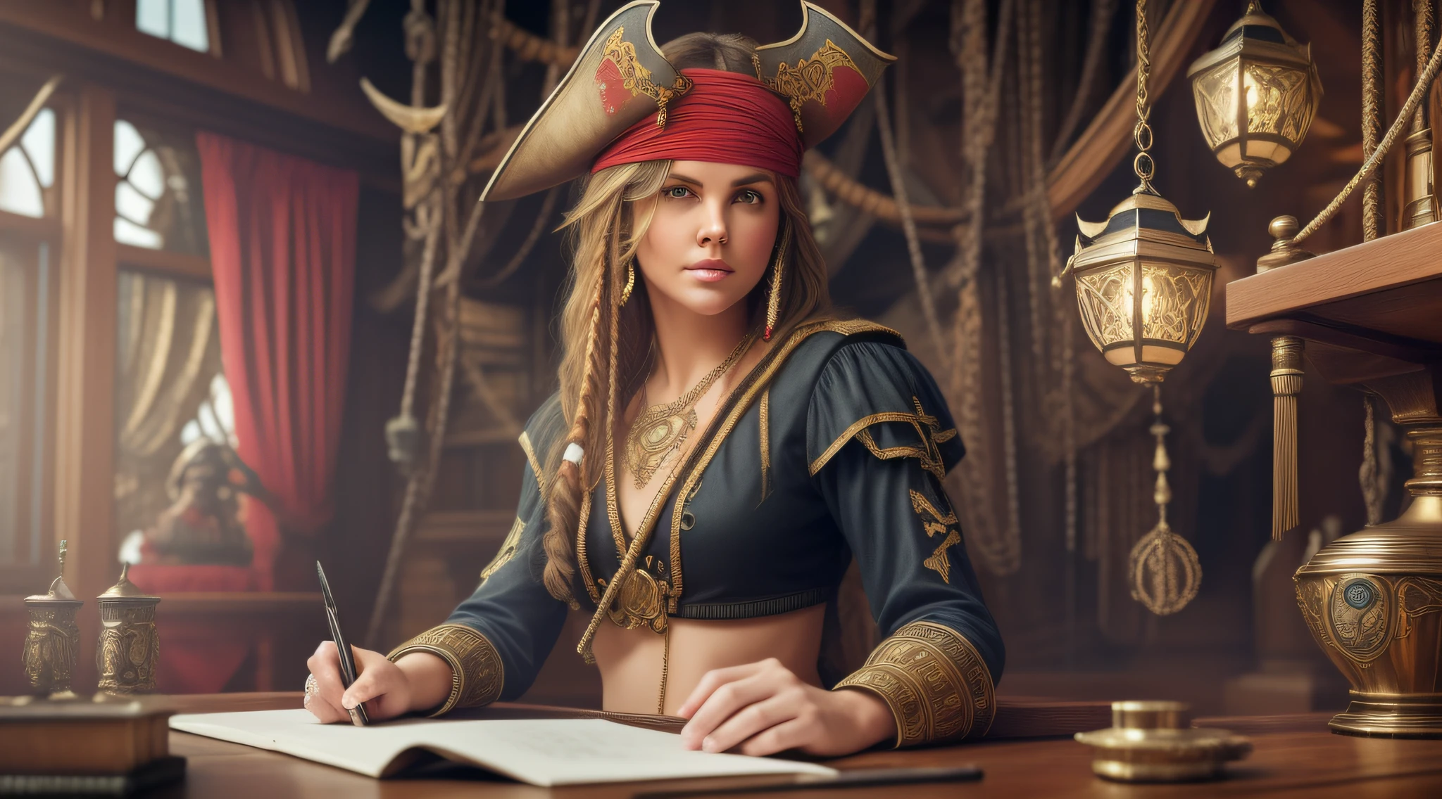 Young Charlize Theron, full-body potrait of a beautiful photorealistic woman, (aboard a pirate ship: 1.50), intense coloring costume, light hair, an impressive realistic photograph 20 years, random colored hair, (several pirate women dancing together: 1.3), random color eyes, full body, cover, hyperdetailed painting, luminism, octane render, bar lighting, complex, 8k resolution concept art portrait by Martina Fačková and Prywinko Art, Artgerm, WLOP, Alphonse Mucha, Tony Taka, fractal isometric details, photorealistic face, amazing colorful hypereallistic cover photo, hand-drawn, bright, sandy, realistic color scheme, davinci, .12k, intricate. hit definition, Beethoven, cinematic, rough sketch, mix of bold dark lines and loose lines, bold lines, on paper, real human life