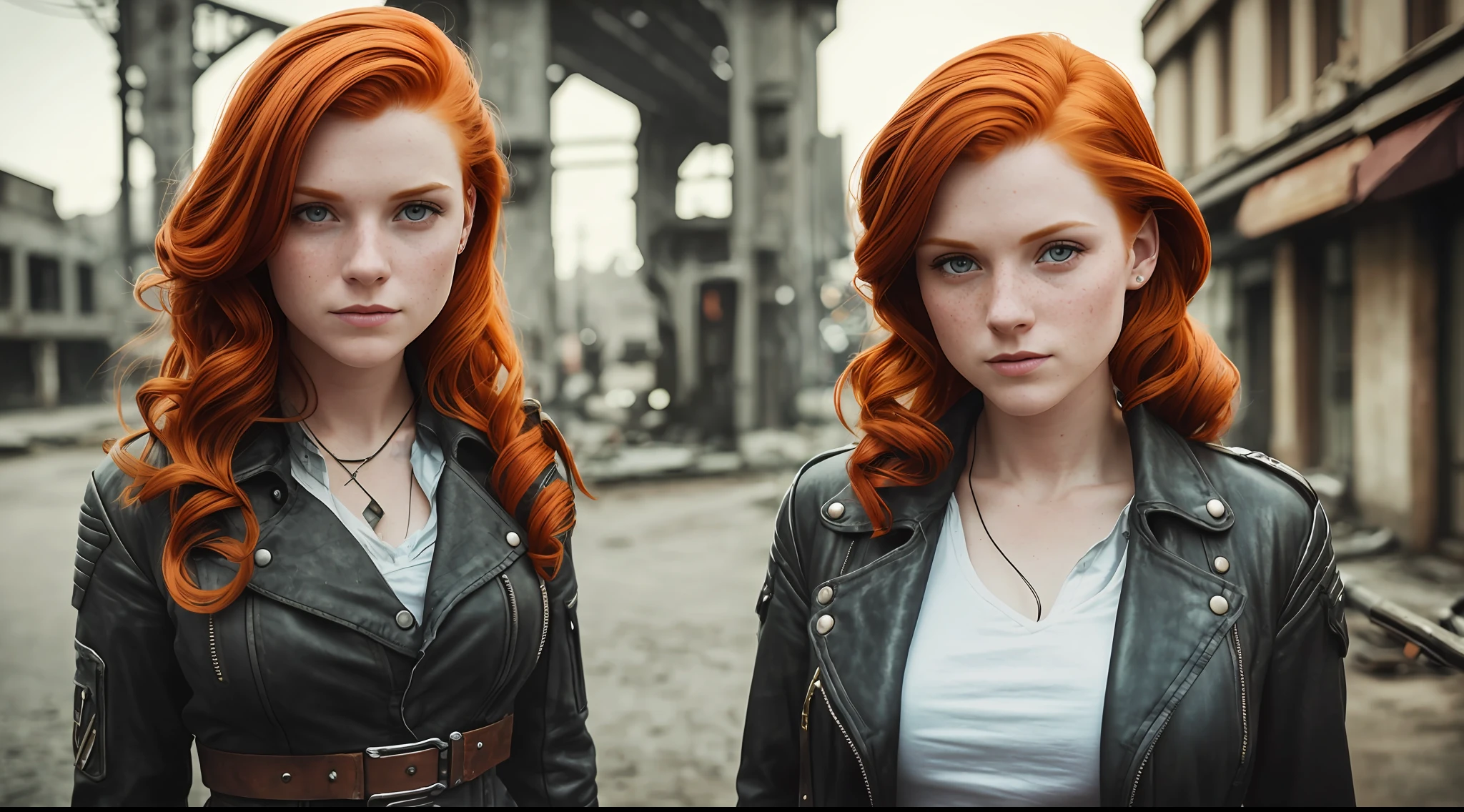 an ultra wide angle of 17 mm, portrait of one (redhead: 1.2), freckle teacher, living on the street of dieselpunk city,: white shirt: 18], slate atmosphere, light room, 35 mm film, cinematic, faded colors, dark shot, soft colors, grainy film, lut, insane details, intricate details, hyperdetailed, close-up, twilight, dieselpunk clothes