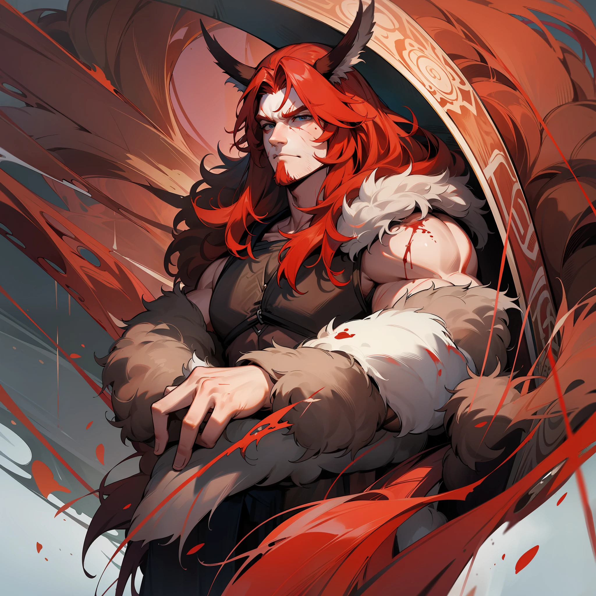 A closeup of a red-haired barbarian, wearing animal fur clothing, with long hair flowing at shoulder height, serious, blood-stained face, manly, manly