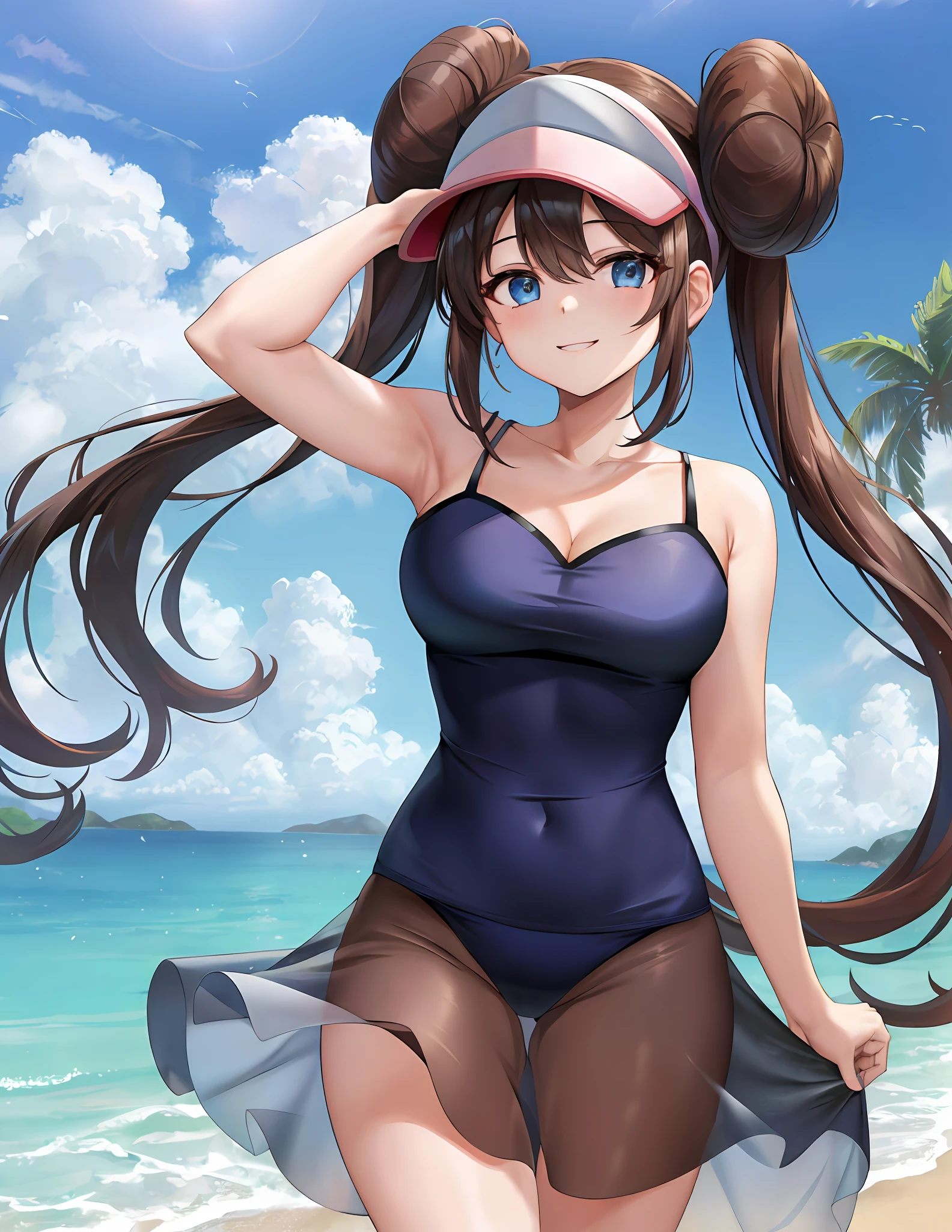 (masterpiece:1.3), (absurdres:1.3), (best quality:1.3), (ultra-detailed:1.3),(best shadow:0.7), (handled hair), perfect anatomy, 1girl, solo, rosa(pokemon), double bun, visor cap, hair bun, long_twintails, brown hair, blue eyes, hair between eyes, large breasts, sightly smile, nuisette, wearing a nuisette, see-through, see-through silhouette, revealing clothes, armpits,