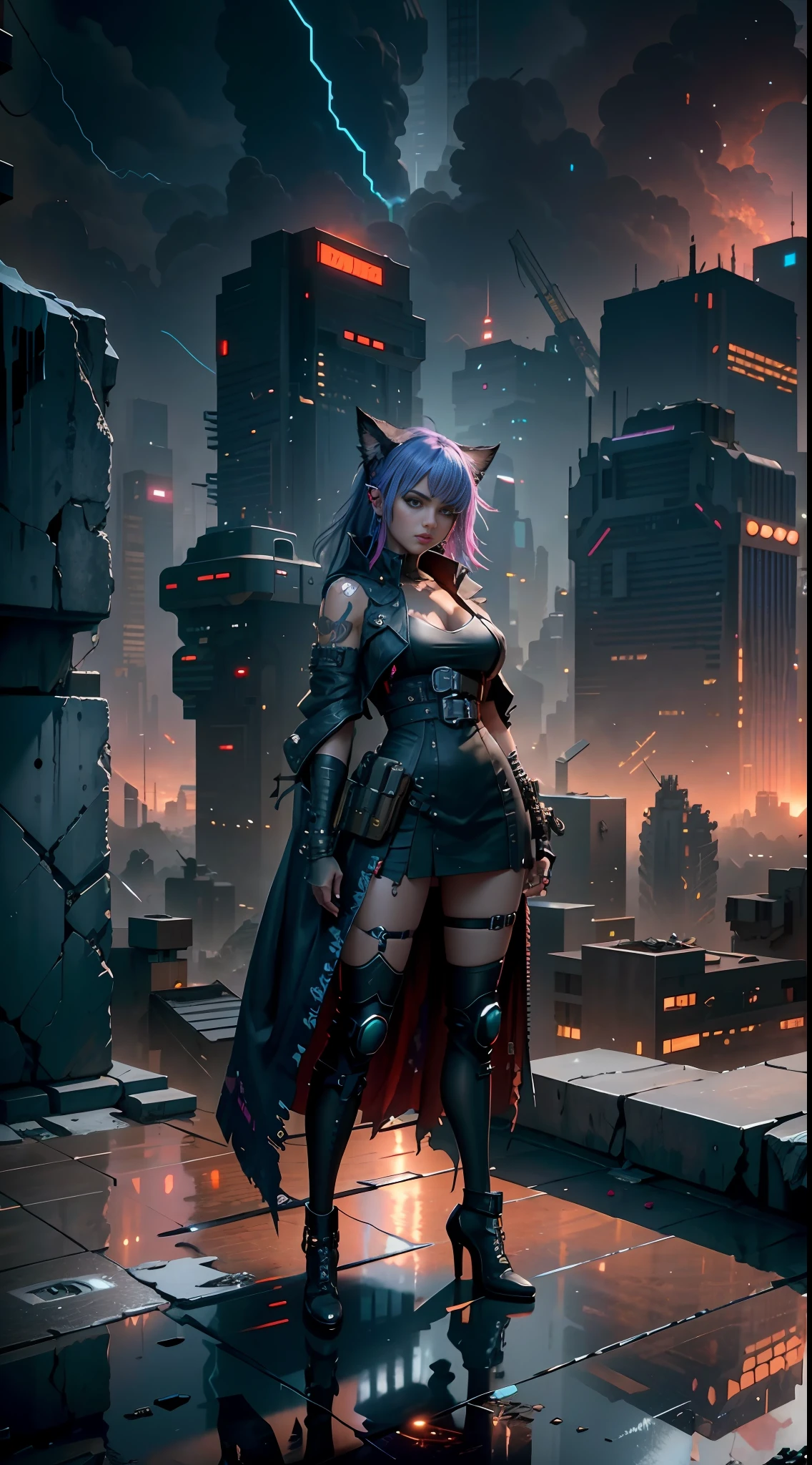 Woman cat is on a roof overlooking a city, cyberpunk style, in cyberpunk city, cyberpunk in a cyberpunk city, cyberpunk dark fantasy, in a cyberpunk setting, in a cyberpunk city, seductive cyberpunk dark fantasy, cyberpunk femme fatale, gothic - cyberpunk, cyberpunk angry beautiful goddess, cyberpunk girl, cyberpunk photo, stylized urban fantasy art, rendered in Unreal Engine, peeled ceilings, broken slabs, steel bars between cracks, realistic material details, extreme details, hyper-realistic materials, photos of internal ruins, Unreal Engine rendering concept art, broken walls, Unreal Engine art, dramatic lighting. Concept art, rendered in Unreal 5, ((Unreal Engine)), Unreal Engine Art 5