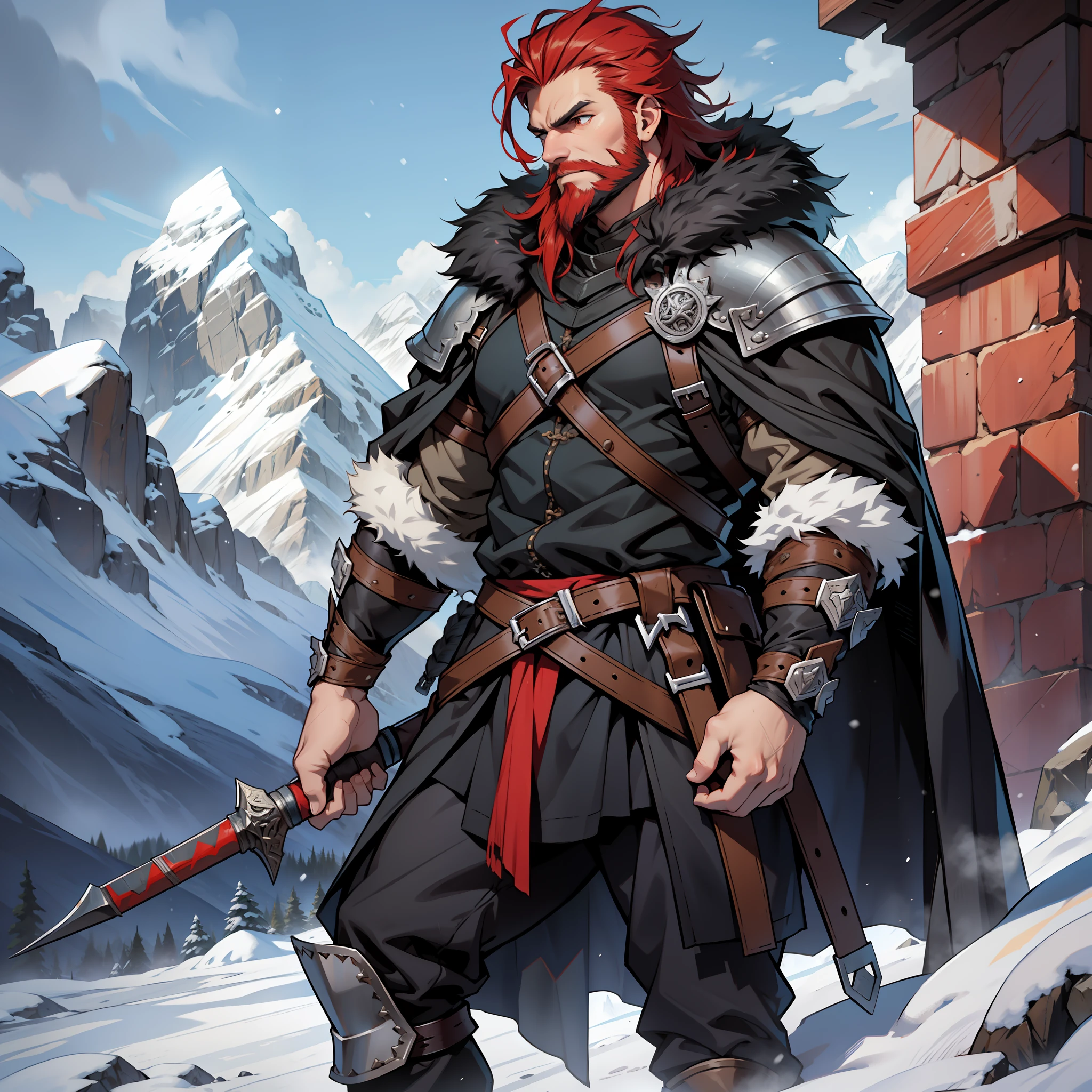 a young man barbarian wild warrior with thick square chin beard and well-marked masculine details and obscure black hunter clothes, manly masculinity, red hair, medieval hunter's clothes, hunter's clothes, clothes with animal fur, animal skin clothes, look of fury, dark shades, black clothes, dark style, dark, game of thrones style, amid the snowy mountains of winter, snow in the background and mountains