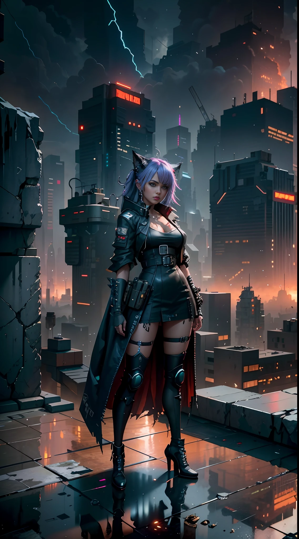 Woman cat is on a roof overlooking a city, cyberpunk style, in cyberpunk city, cyberpunk in a cyberpunk city, cyberpunk dark fantasy, in a cyberpunk setting, in a cyberpunk city, seductive cyberpunk dark fantasy, cyberpunk femme fatale, gothic - cyberpunk, cyberpunk angry beautiful goddess, cyberpunk girl, cyberpunk photo, stylized urban fantasy art, rendered in Unreal Engine, peeled ceilings, broken slabs, steel bars between cracks, realistic material details, extreme details, hyper-realistic materials, photos of internal ruins, Unreal Engine rendering concept art, broken walls, Unreal Engine art, dramatic lighting. Concept art, rendered in Unreal 5, ((Unreal Engine)), Unreal Engine Art 5