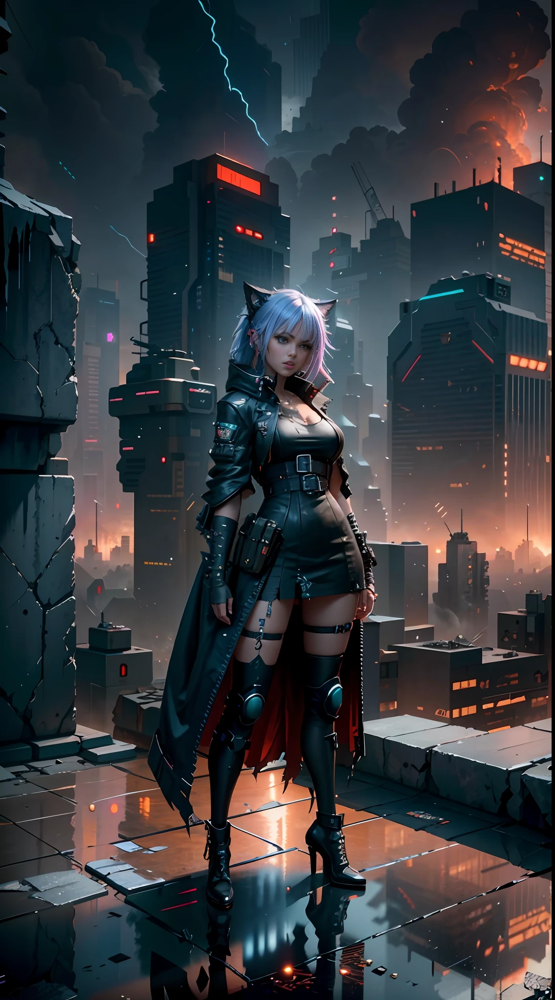 Woman cat is on a roof overlooking a city, cyberpunk style, in cyberpunk city, cyberpunk in a cyberpunk city, cyberpunk dark fantasy, in a cyberpunk setting, in a cyberpunk city, seductive cyberpunk dark fantasy, cyberpunk femme fatale, gothic - cyberpunk, cyberpunk angry beautiful goddess, cyberpunk girl, cyberpunk photo, stylized urban fantasy art, rendered in Unreal Engine, peeled ceilings, broken slabs, steel bars between cracks, realistic material details, extreme details, hyper-realistic materials, photos of internal ruins, Unreal Engine rendering concept art, broken walls, Unreal Engine art, dramatic lighting. Concept art, rendered in Unreal 5, ((Unreal Engine)), Unreal Engine Art 5