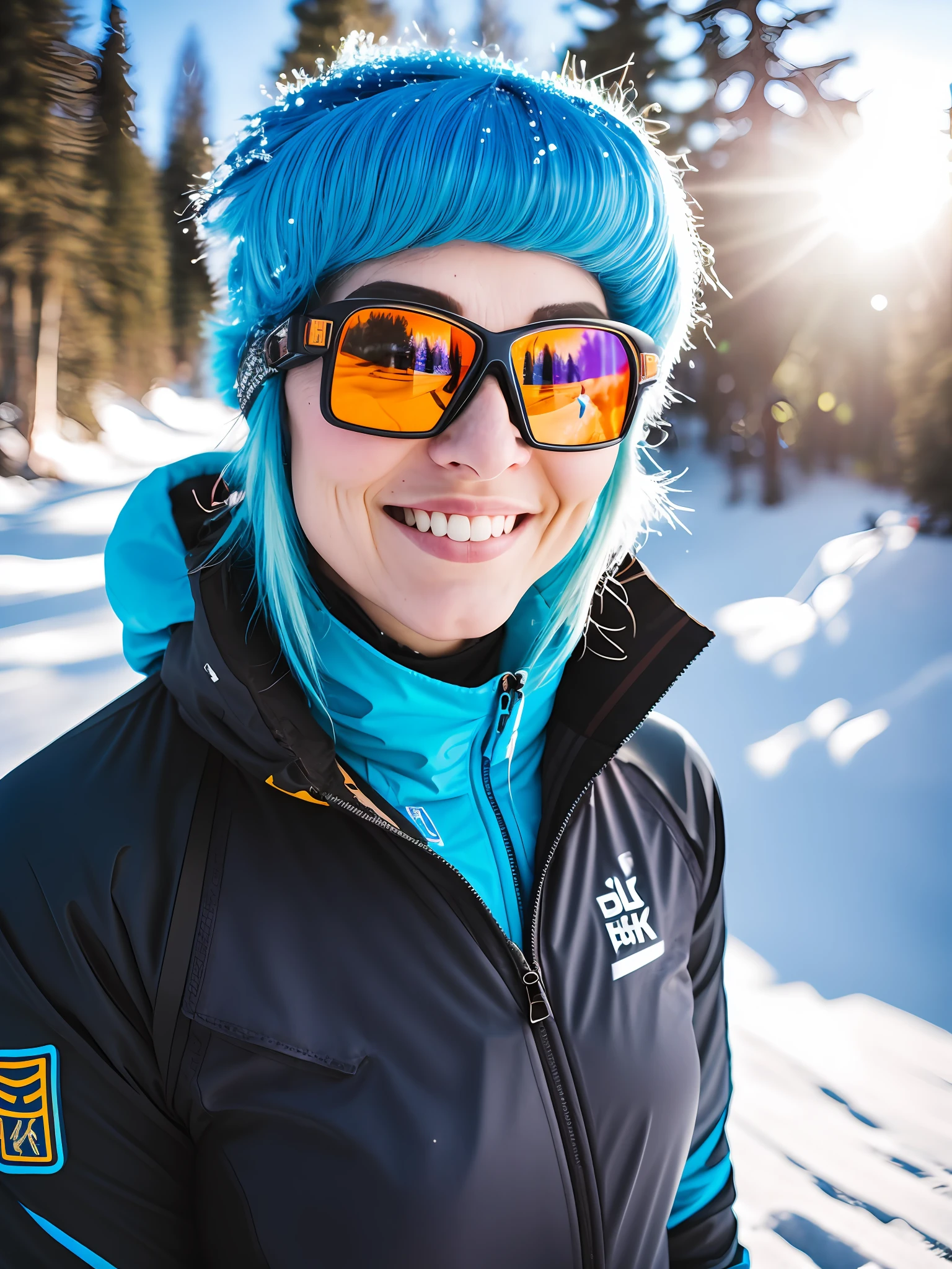 Pokket, shot on DSLR, focusing on the rest of it 8K, detailed face, blue hair, 25-year-old woman, is in the snow bokeh, Gopro camera, wearing ski clothes, reflective ski glasses, black tattoos, smiling