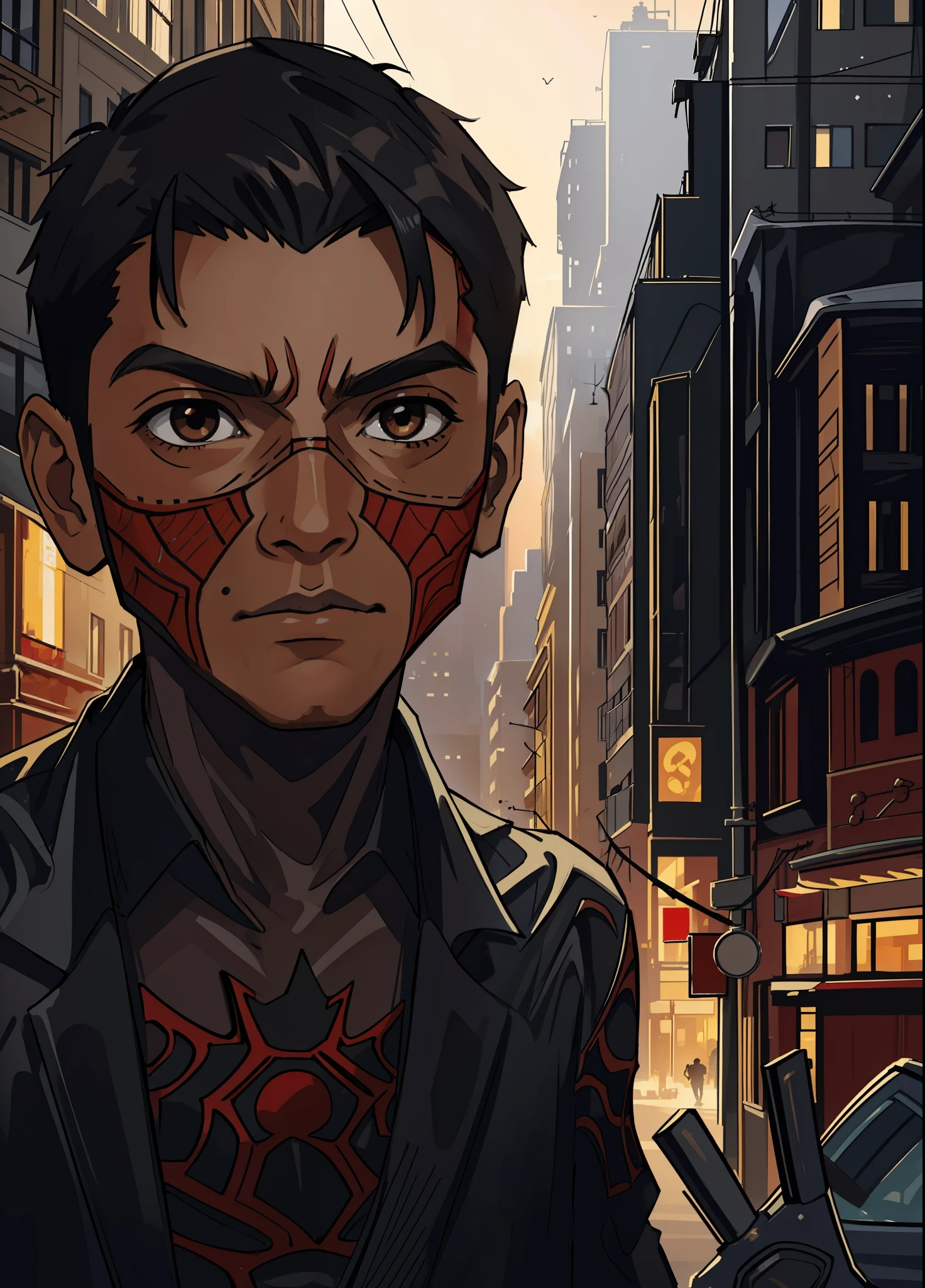 (masterpiece, best quality), intricate details, 8k, artstation, wallpaper, official art, splash art, sharp focus,
, short hair, , brown eyes,black hair
spider suit, spider web printing, spider web,
skyscrapers, city, buildings, cars, street,boy