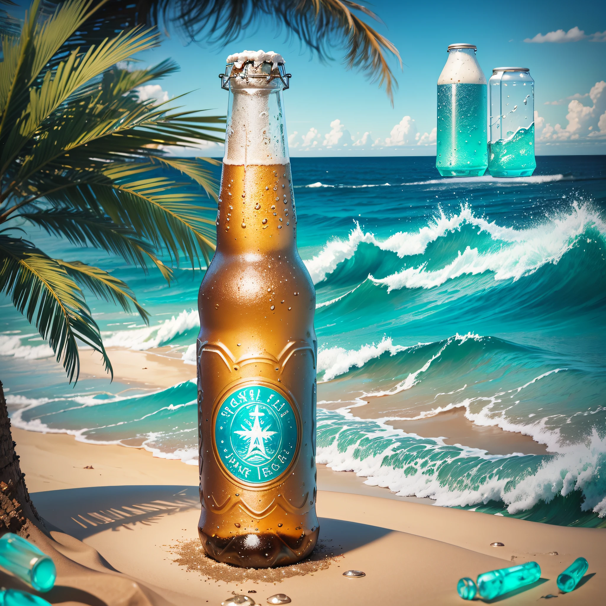 In a serene beach setting, a bottle of beer rests on a weathered stump as the gentle sea breeze rustles through the nearby palm trees. The beachfront environment is idyllic, with soft sand extending towards the horizon and crystal-clear turquoise waters. The bottle of beer is the star of a hyper-realistic beer advertisement, capturing the essence of a refreshing and cold drink. The scene is reminiscent of the works of Nele Zirnite, an acclaimed artist known for her intricate and evocative depictions. The style is a wide screenshot, highlighting the beauty of the seaside setting, with the bottle of beer taking center stage. --ar 16:9 --v 5 --auto --s2