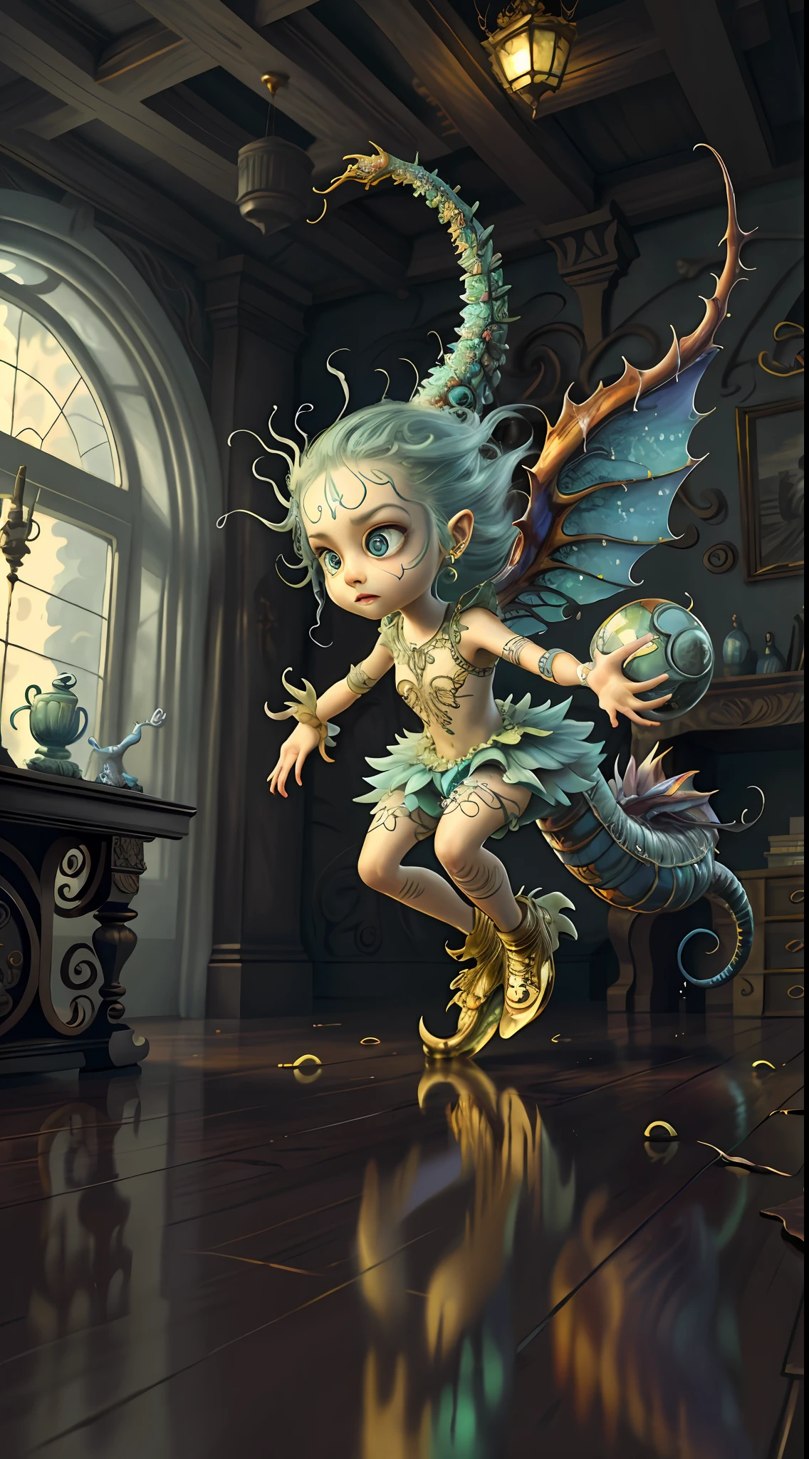 (best quality: 1.4), (masterpiece: 1.2), detailed, complex, high resolution, iridescent colors, A charming and fascinating creature with otherworldly forms that blend the best aspects of the monster human form and the innocent charm of a precocious child, scales, wings, blue, texture, complex, gorgeous, 3D, highly detailed, decorative style, Tim Burton, Dale Chihuly, Bruce Zheng, Cyril Rolando, H. R. Giger $plastic$ Grid: Real Lenoid afremov style, wet, fire