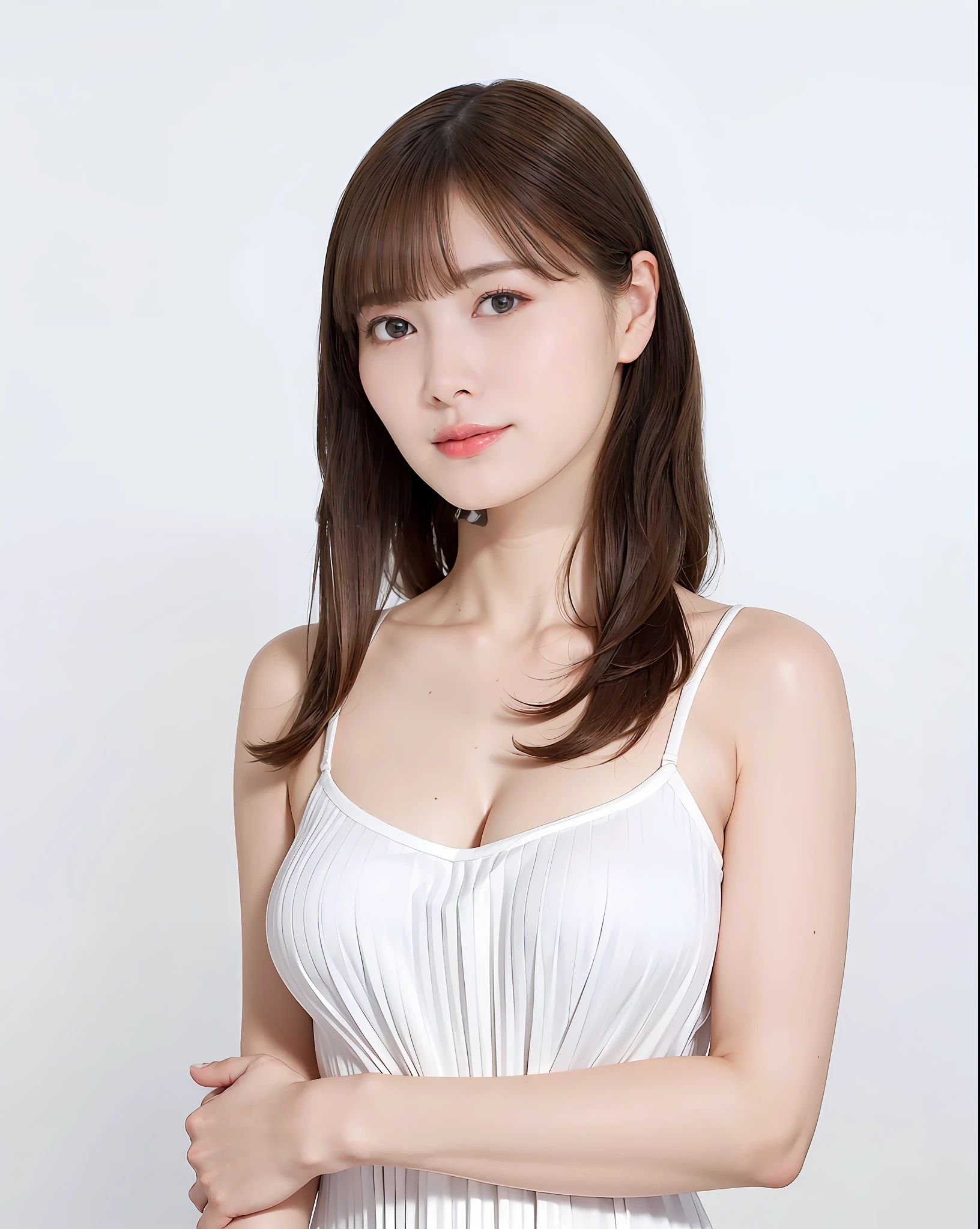 White Skin, Standing, Upper Body, Arms Behind Back, Standing, Slender, Big, White Camisole, White Pleated Skirt, Big, Cleavage, ((Best Quality, 8k, Masterpiece: 1.3))