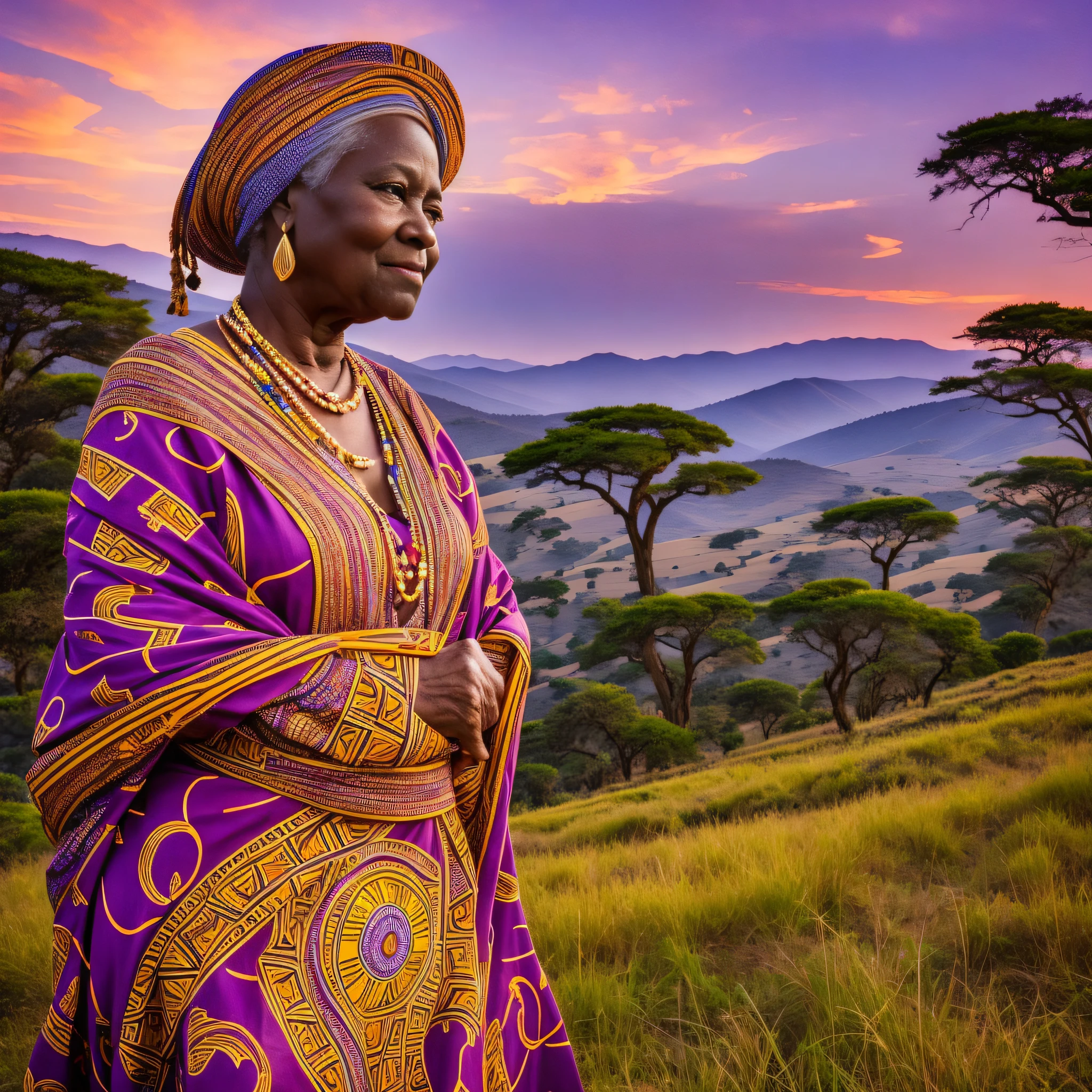 The elderly African woman stands tall amidst the rolling hills of the Orisha African savanna, her striking figure clothed in a flowing, ornate purple garment that moves gently in the late sunset breeze. The intricate patterns and symbols that adorn the fabric are a testament to the deep spirituality and cultural significance of her people.
Her gaze is steady and strong, a reflection of the wisdom and experience of a life lived to the fullest. The sun sets behind her, casting a warm glow over the golden grasses and the towering trees that surround her. The air is alive with the sounds of nature, the rustle of leaves and the distant calls of animals blending seamlessly into a symphony of life.
As she stands there, her hands are at rest at her sides, their perfect, unblemished form a testament to the grace and beauty of her people. Each finger is long and slender, their curves and contours a work of art in their own right.
This photorealistic portrait of an elderly African woman in ancient purple African costumes is a powerful reminder of the beauty and majesty of the African continent and the rich cultural heritage of its people. It is a celebration of life, love, and the enduring power of the human spirit. --auto --s2
