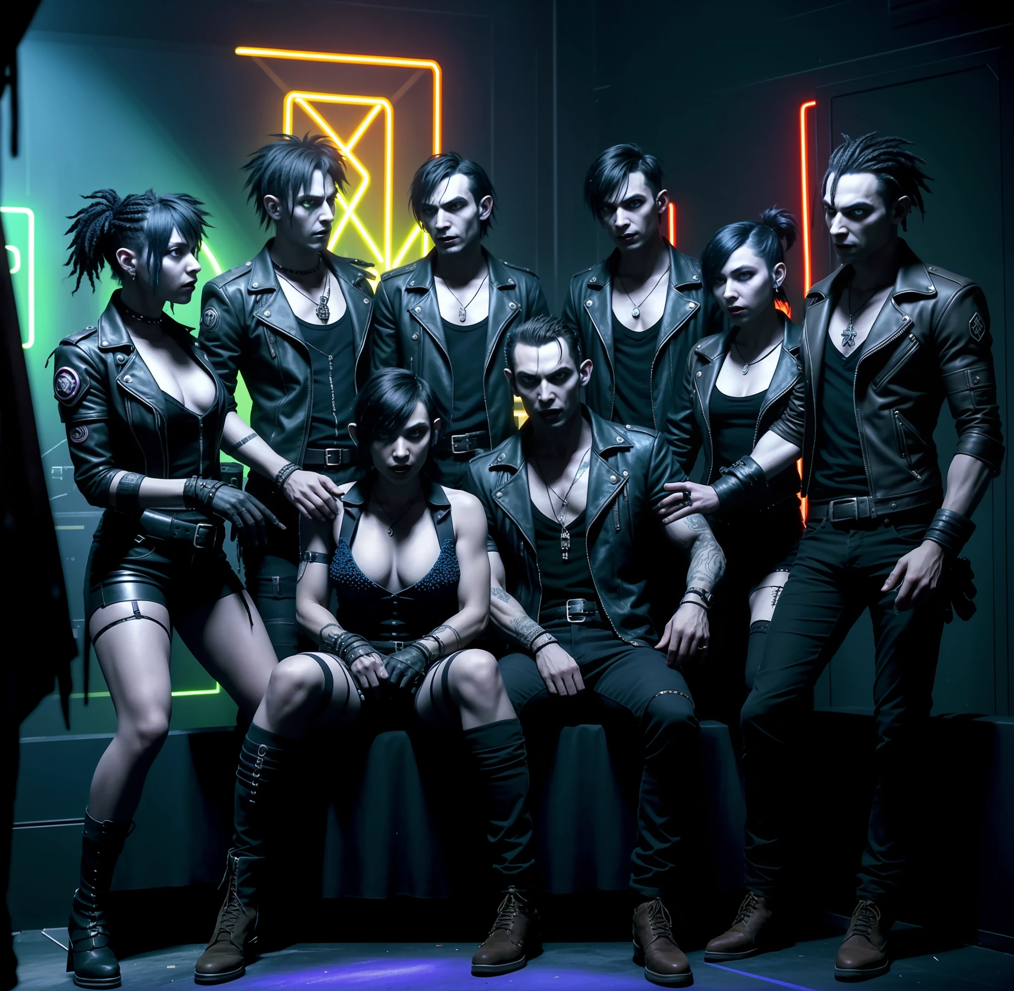 there's a group of people sitting together in a room, group of people in a dark room, vampire, overload, composition, by Galen Dara, goblins partying at a rave, in cyber punk 2077, dark punk, cyberpunk style, edited, cyberpunk with neon lighting, album art, hand quality, 5 fingers.