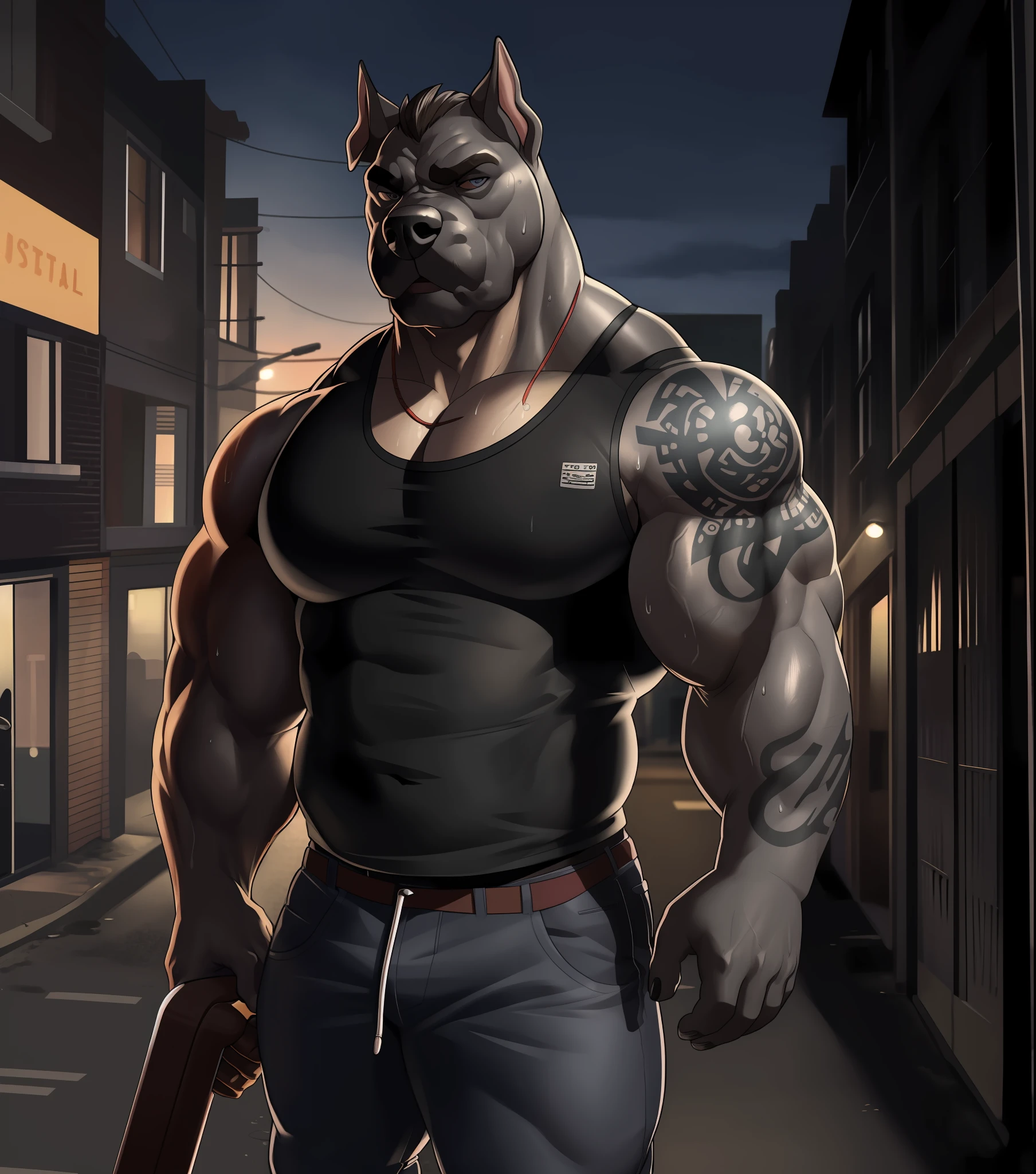 solo, anthro (Neapolitan mastiff, cane corso), full ears, brown and gray skin, detailed eyes,Street: 1.6, sweat, heavy breathing: 1.5, correct anatomy, biceps, (muscular) thin, tattoo, veins all over the body, (Normal clothing: 1.2), abandoned street background cars, 8k hd, dark shadows