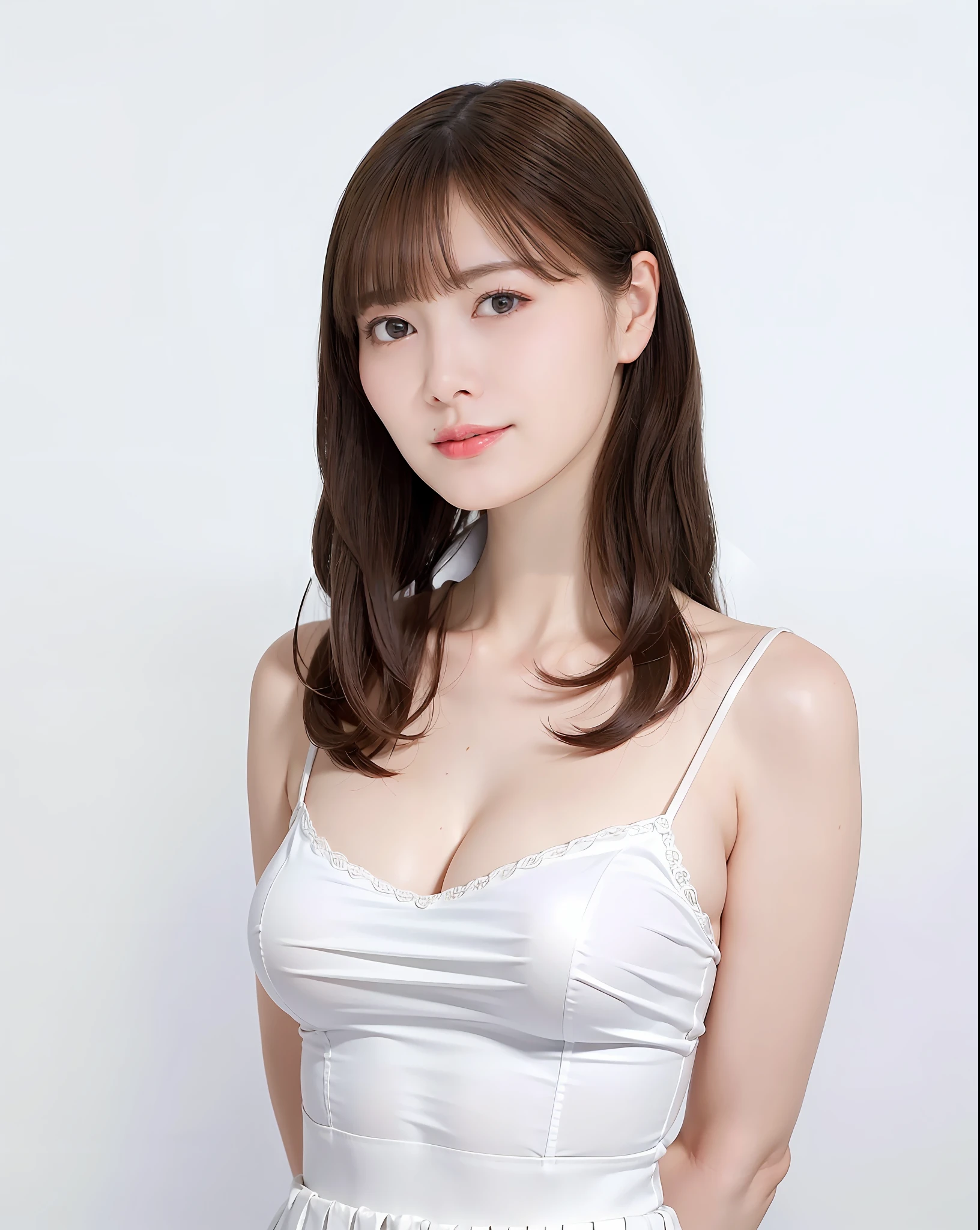 White Skin, Standing, Upper Body, Arms Behind Back, Standing, Slender, Big, White Camisole, White Pleated Skirt, Big, Cleavage, ((Best Quality, 8k, Masterpiece: 1.3))