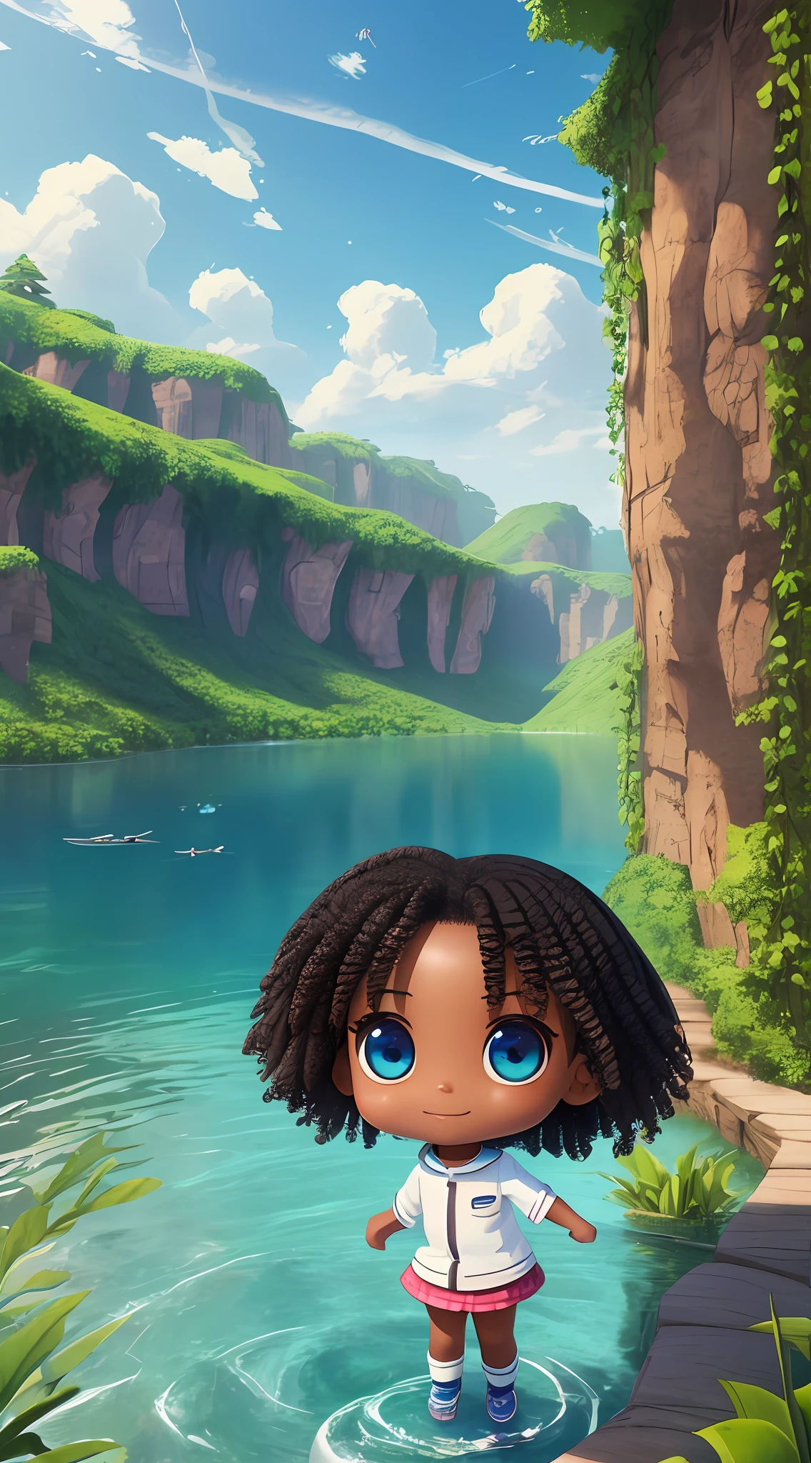 3D chibi a happy cartoon character in freight to a lake, black girl, ((big fish eyes)), kind eyes, movie art, clean shot, ghailan!, as a pixar character, beautiful child, afro military, (((whole body)))), grace and blessing, rendered in unreal, promotional image of the movie, rendered luxury image - --ar 2:3 --auto --s2