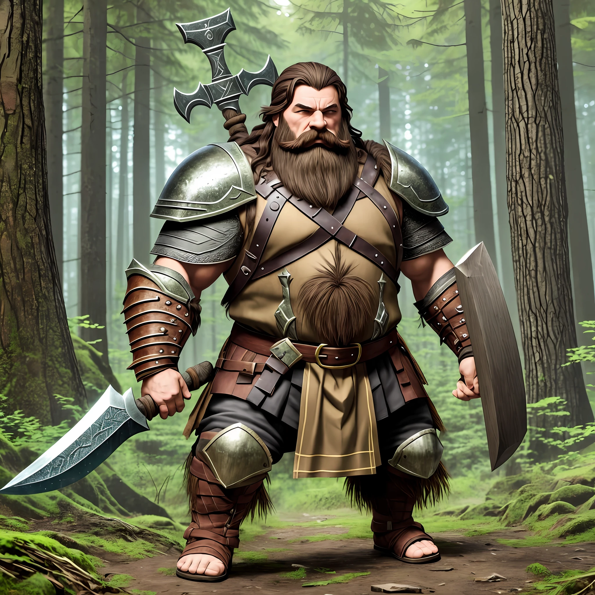 dwarf man, big beard, with muscles, heavy armor, holding a heavy axe, in a forest, 8k ultra realistic --auto --s2