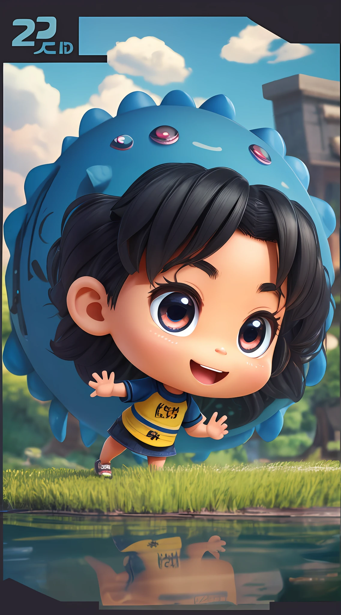 3D chibi a happy cartoon character in freight to a lake, black girl, ((big fish eyes)), kind eyes, movie art, clean shot, ghailan!, as a pixar character, beautiful child, afro military, (((whole body)))), grace and blessing, rendered in unreal, promotional image of the movie, rendered luxury image - --ar 2:3 --auto --s2