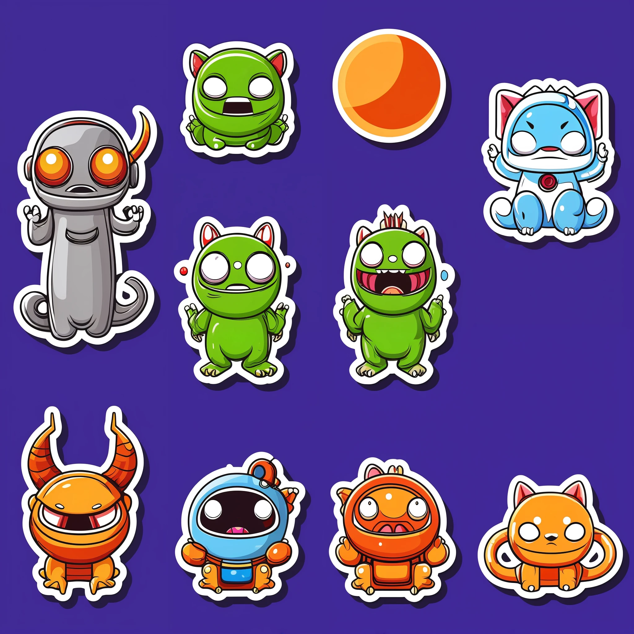 four set of kawaii character cosmic monsters, detailed realistic professional art masterpiece sticker set