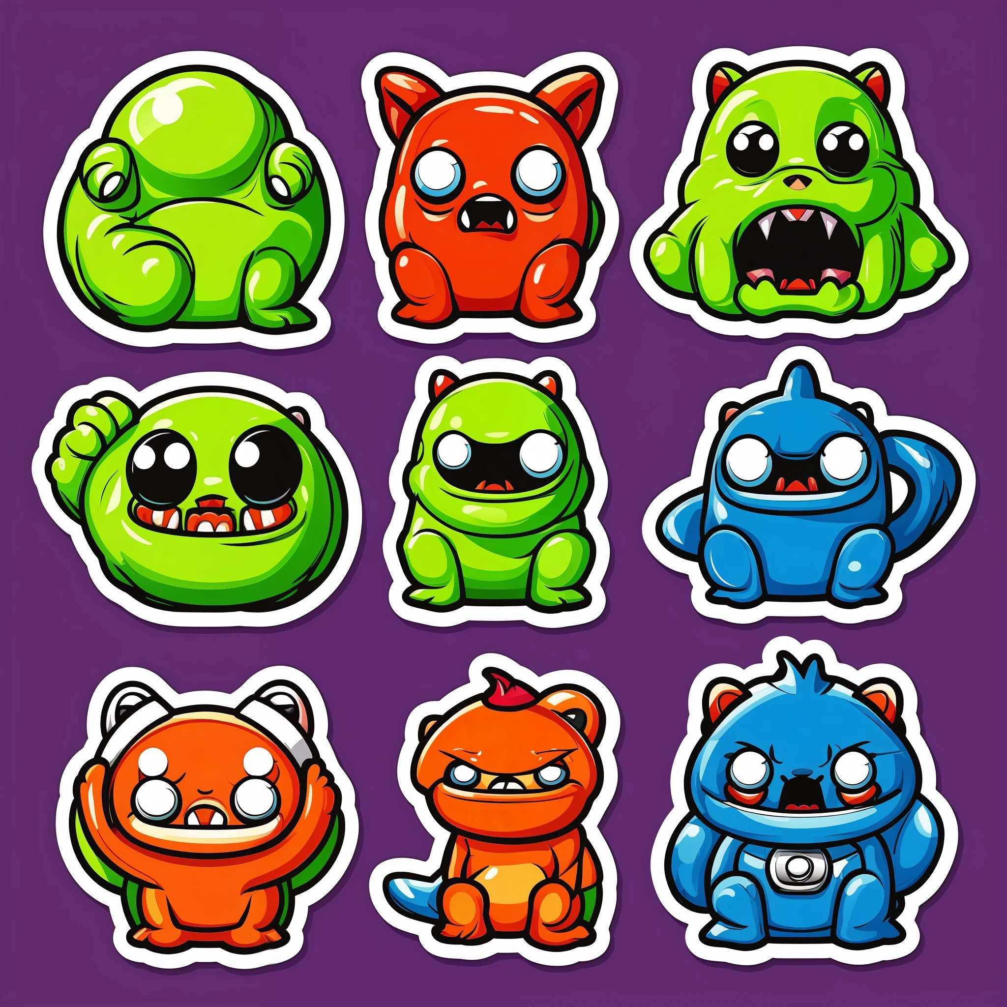 four set of kawaii character cosmic monsters, detailed realistic professional art masterpiece sticker set
