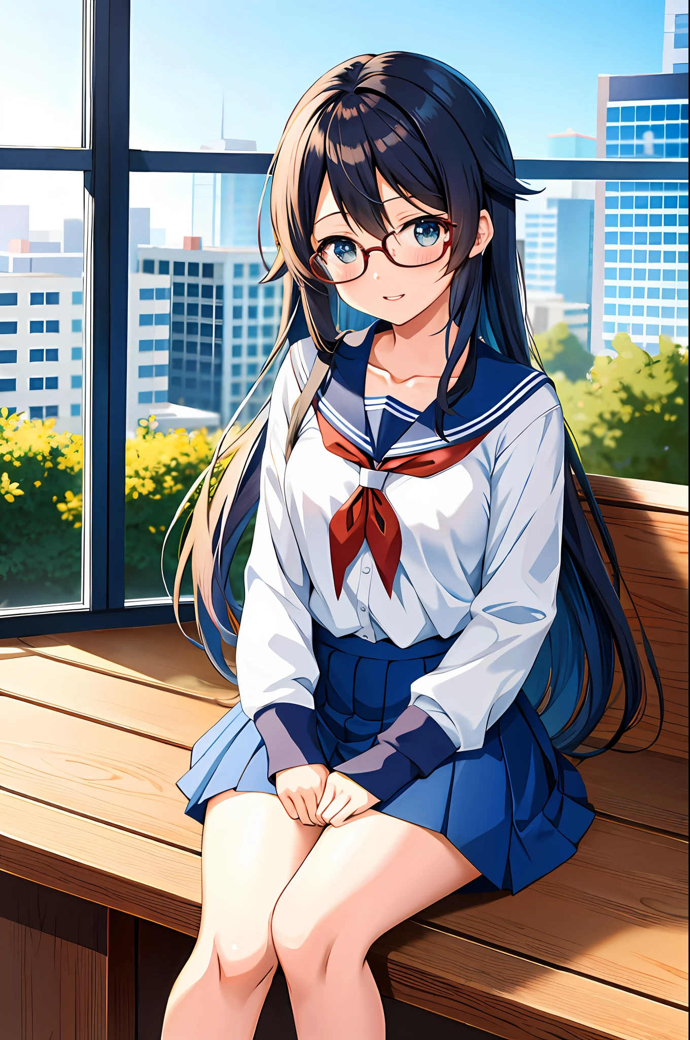 Anime girl sitting on bench in classroom with window, beautiful anime high school girl, kantai collection style, cute girl anime visual, smooth anime cg art, fascinating anime girl, anime moe art style, (anime girl), anime best girl, Nagatoro, super realistic high school girl, attractive anime girl, school, cute anime girl