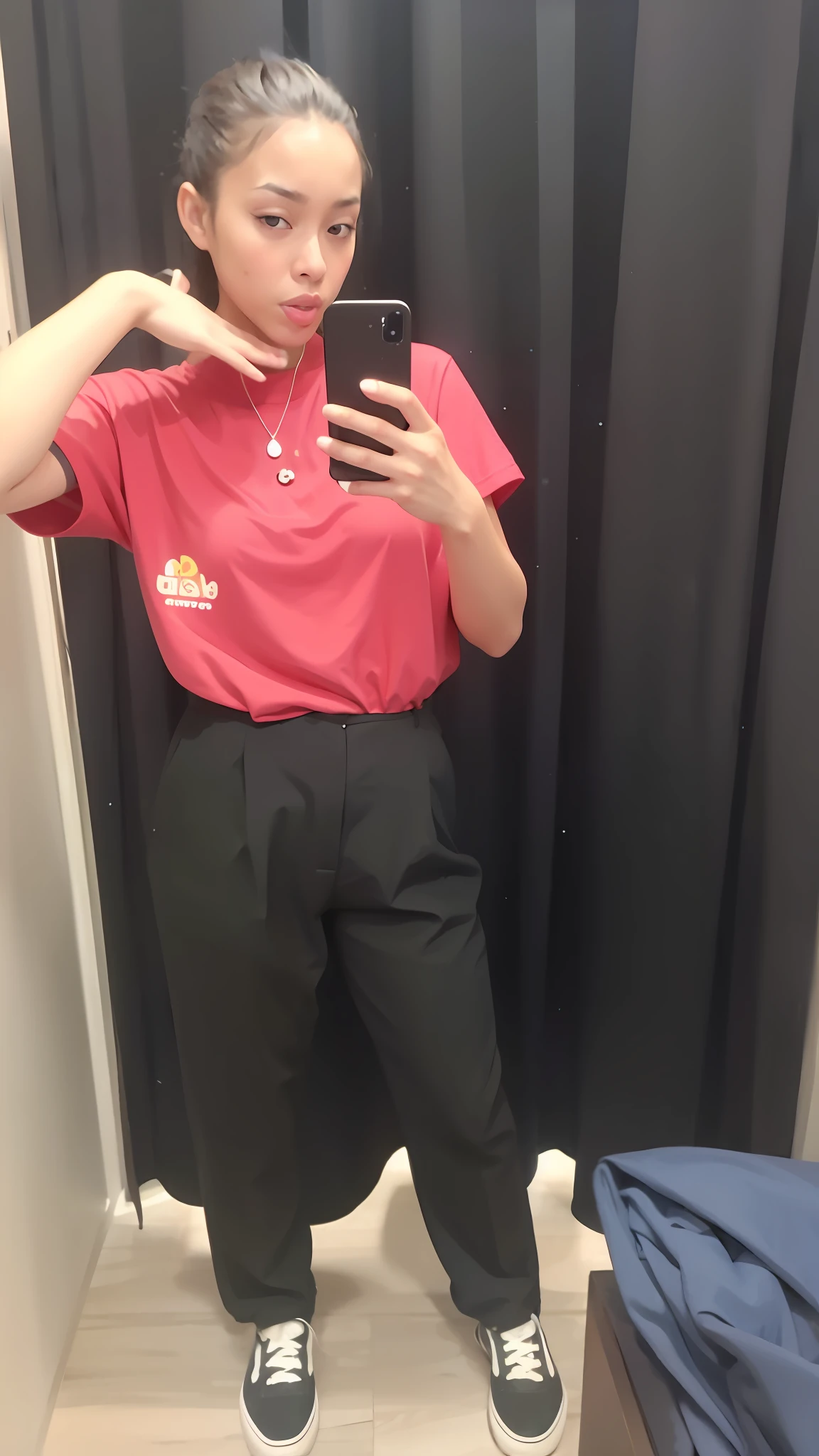 There is a young woman taking a selfie in a mirror, wearing RR Diner uniform, work clothes, red uniform, with her hands on chin, full uniform, work clothes, red shirt black pants, JK uniform, sifu 🔥 😎 🕹️ 👀 style:2, full body photo, wearing pants and T-shirt, wearing school uniform, fleshy lips, brown skin, dark eyes, pouting