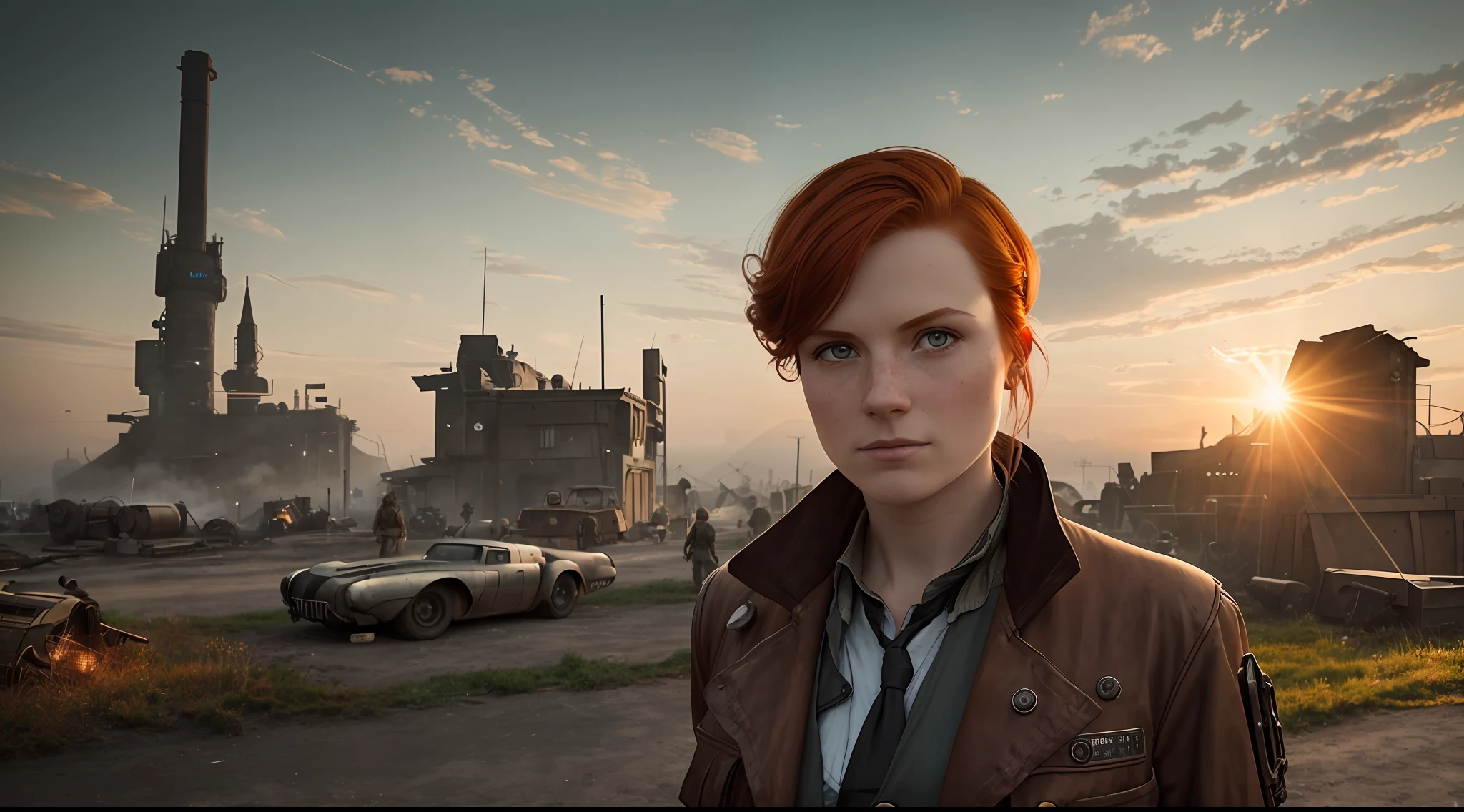an ultra wide angle of 17 mm, portrait of one (redhead: 1.2), freckle teacher, living on the street of Dieselpunk city,: white shirt: 18], slate atmosphere, light room, 35 mm film, cinematic, faded colors, dark shot, soft colors, grainy film, lut, insane details, intricate details, hyperdetailed, close-up, twilight, dieselpunk clothes, character in the center of the image,  around prencher with elements of the environment