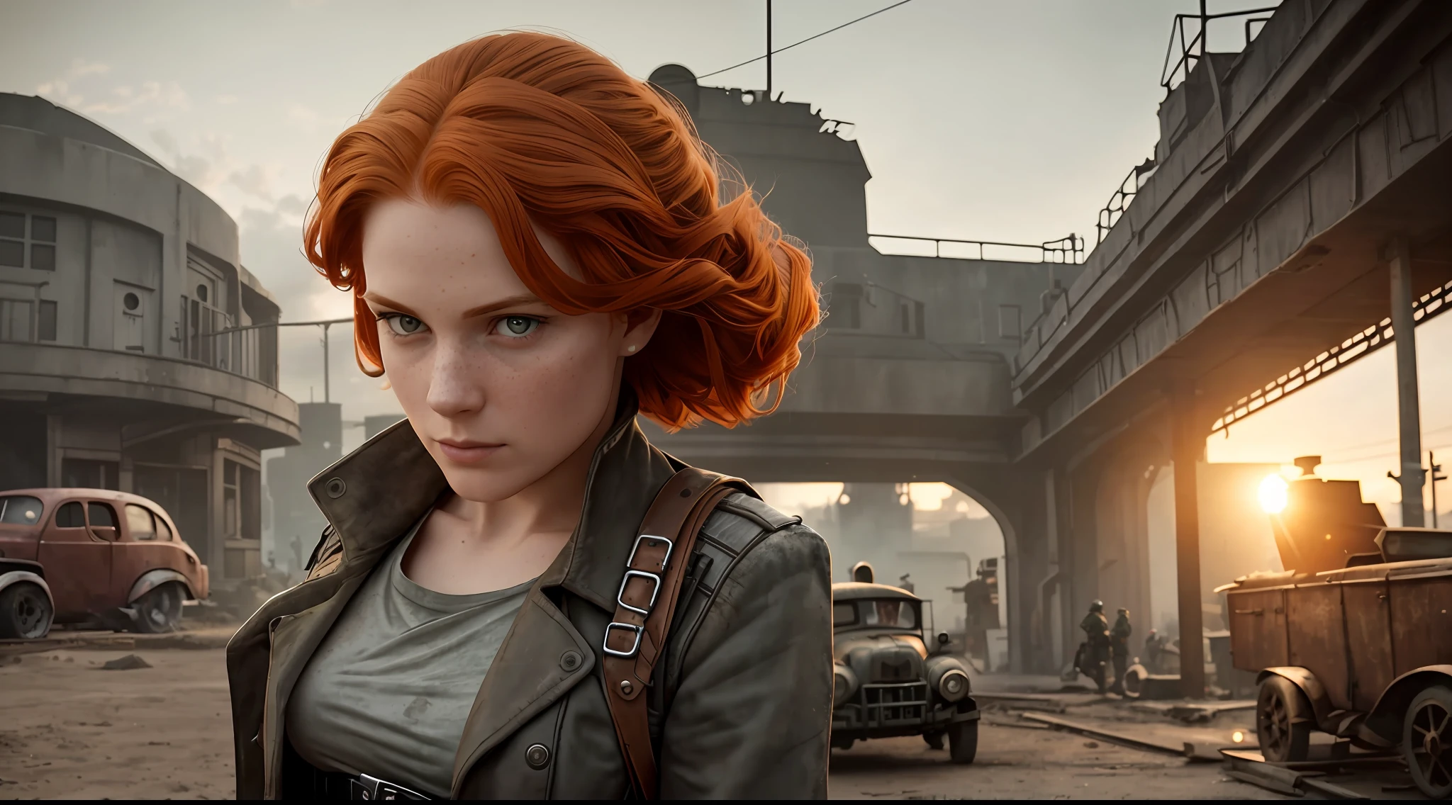 an ultra wide angle of 17 mm, portrait of one (redhead: 1.2), freckle teacher, living on the street of Dieselpunk city,: white shirt: 18], slate atmosphere, light room, 35 mm film, cinematic, faded colors, dark shot, soft colors, grainy film, lut, insane details, intricate details, hyperdetailed, close-up, twilight, dieselpunk clothes, character in the center of the image,  around prencher with elements of the environment