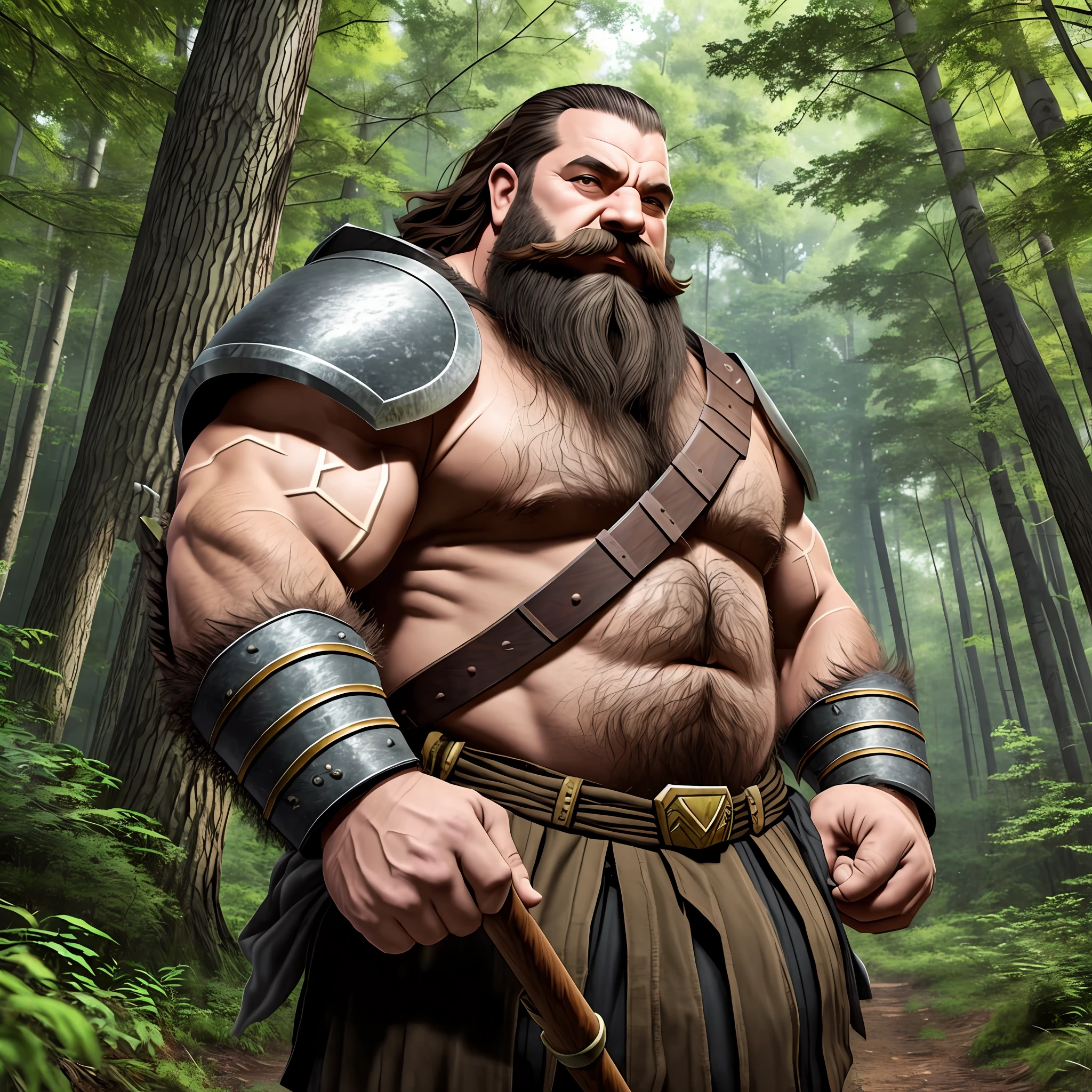 dwarf man, big beard, with muscles, heavy armor, holding a heavy axe, in a forest, 8k ultra realistic --auto --s2