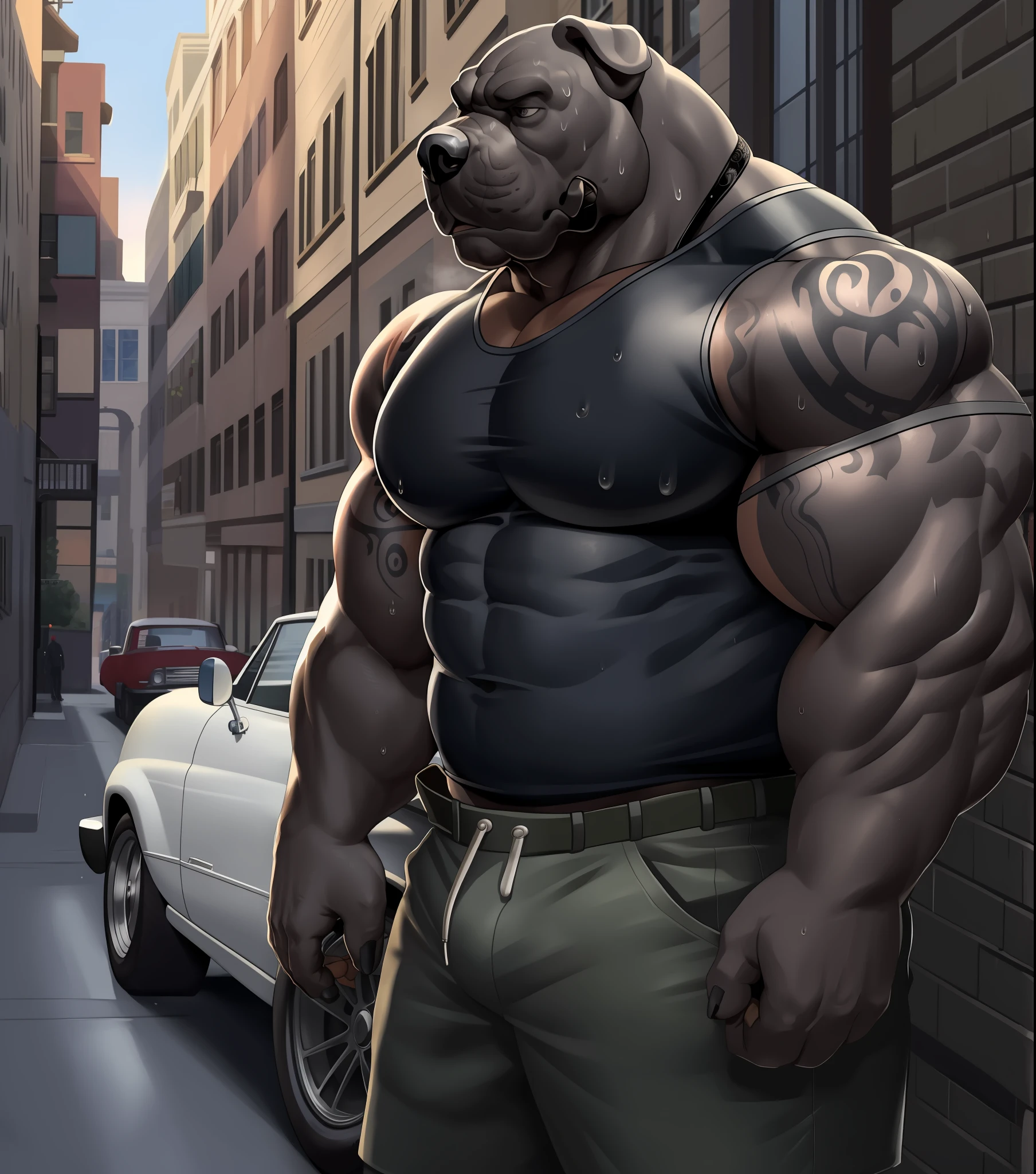 solo, anthro (Neapolitan mastiff, cane corso), full ears, brown and gray skin, detailed eyes,Street: 1.6, sweat, heavy breathing: 1.5, correct anatomy, biceps, (muscular) thin, tattoo, veins all over the body, (Normal clothing: 1.2), street background and parked antique cars, 8k hd, dark shadows